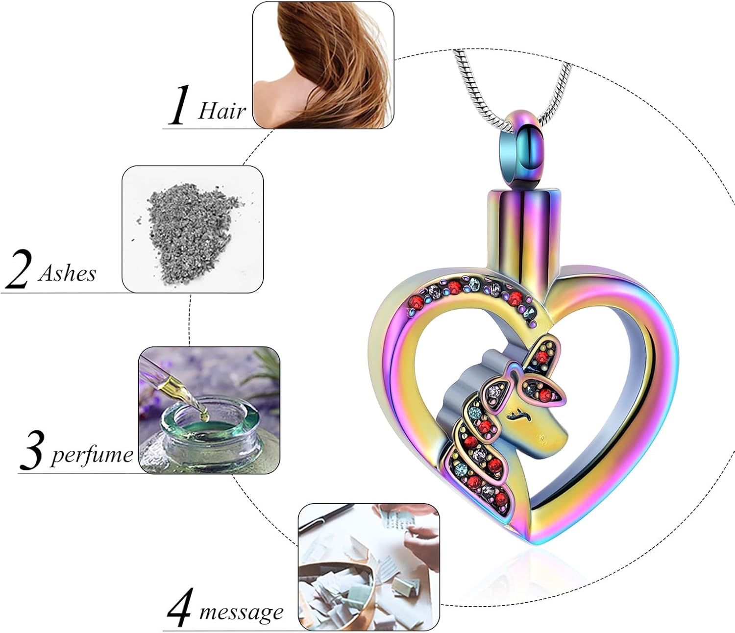 Cremation Jewelry Unicorn Heart Charm Pendant Necklace Cremation Urns Jewelry Ashes Keepsake Stainless Steel Crystal Pendant - Image 5