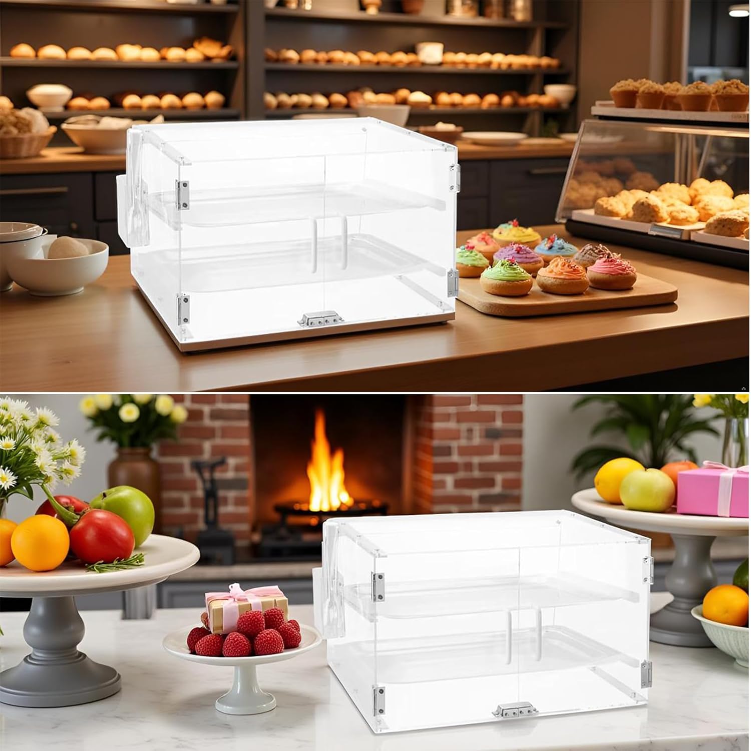 Countertop Pastry Display Case with 2 Tray,Acrylic Bakery Case Display for Cookies,Cupcakes,Muffins,Mini Cake,Food,21"X16"X17", with Serving Tong (2 Tray Display Case)