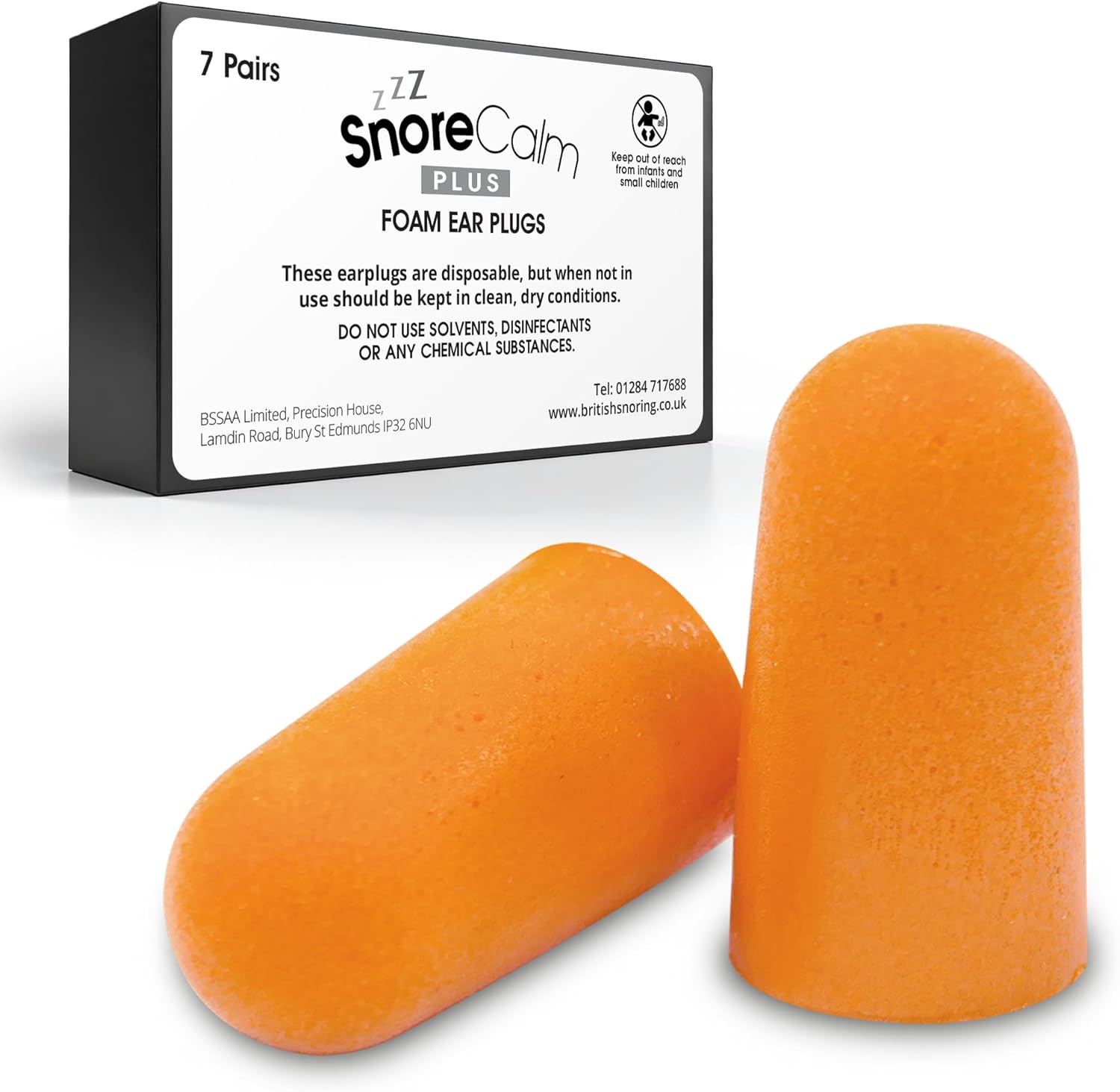 Snore Calm Plus Foam Ear Plugs | 7 Pairs of 37 dB Noise Cancelling Ear Plugs, Ideal for Sleeping, Snoring, Travel, and Studying – Product by The British Snoring & Sleep Apnoea Association