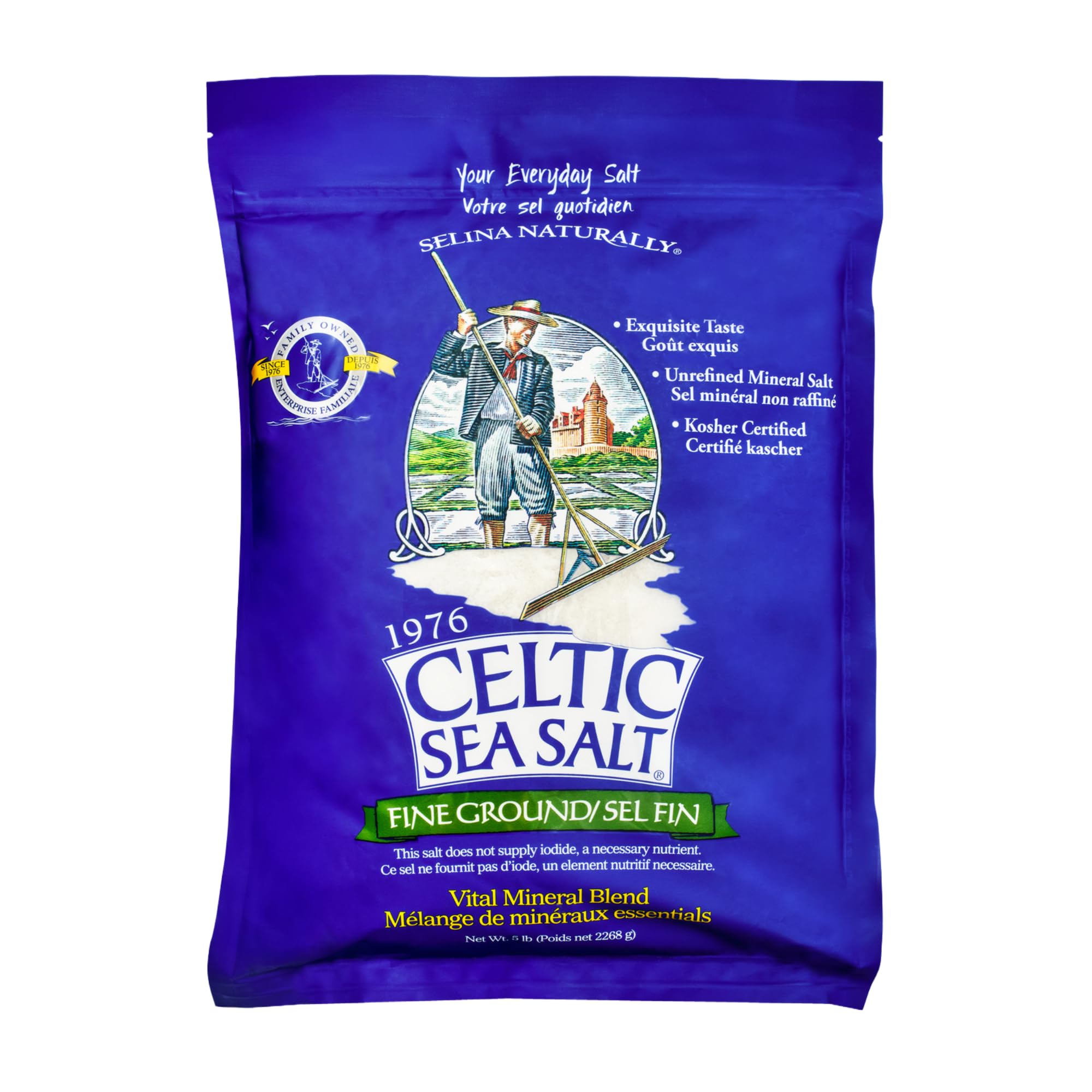 Celtic Sea Salt Fine Ground, Unrefined Mineral Salt, Bulk 5 lb Bag | Bulk fine grains with 70+ trace minerals for cooking, baking, and seasoning; hand-harvested, lab tested, no additives