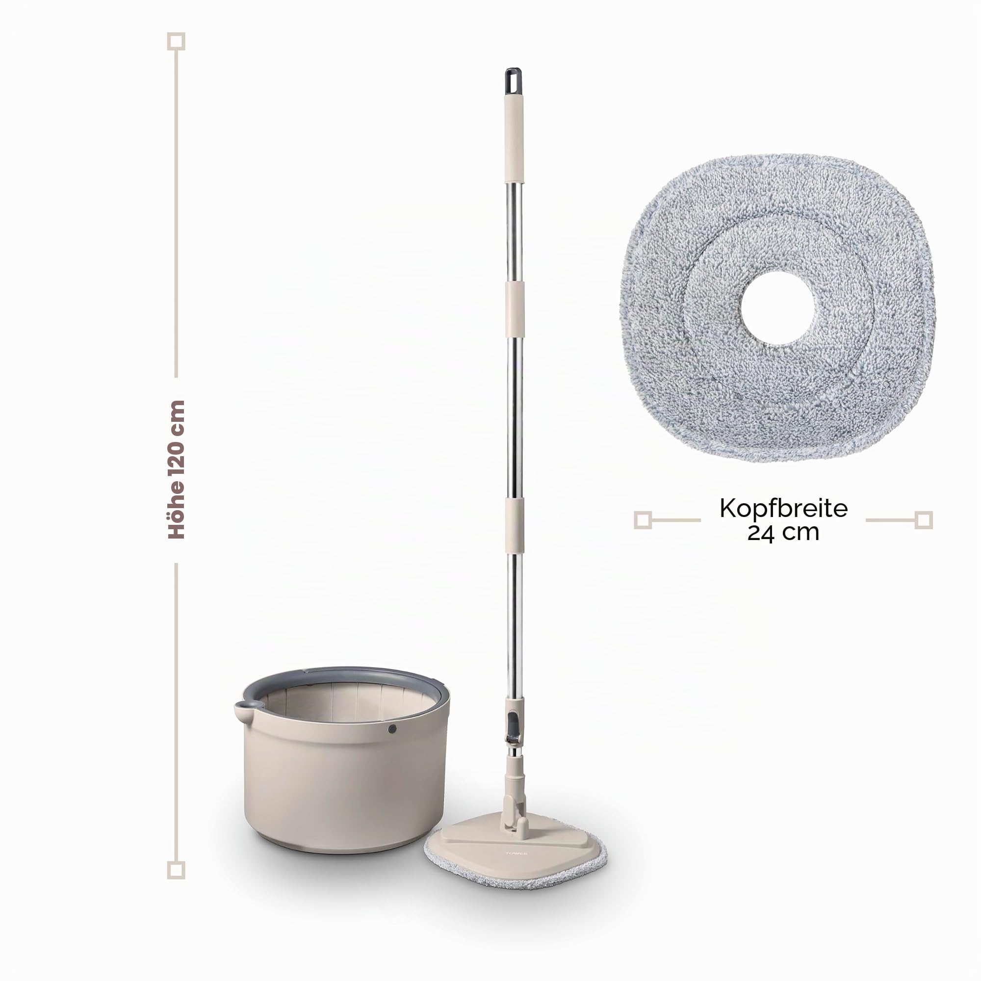 Tower Duo Compact Spin Mop & Eimer Saubere & Schmutzwassertrennung Müheloses 360° Auswringen 2 Wiederverwendbare Mikrofaser Wischpads Latte & Grau