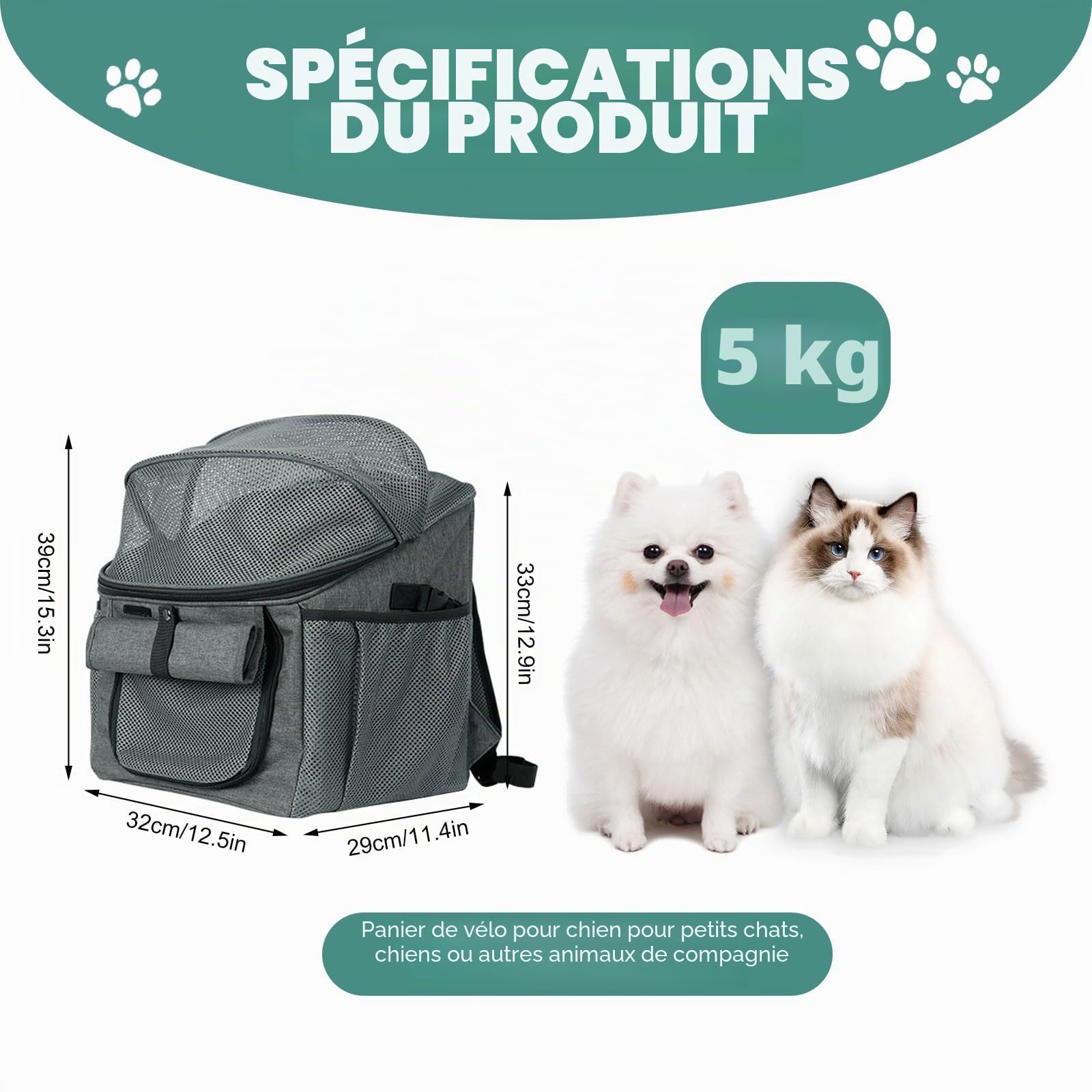 Panier de Vélo pour Chien, Sac à Dos pour Chat Pliable avec Fenêtre en Filet et Ceintures de Sécurité, Panier Velo Chien Pliable Sac à Dos Animaux de Compagnie (Noir)