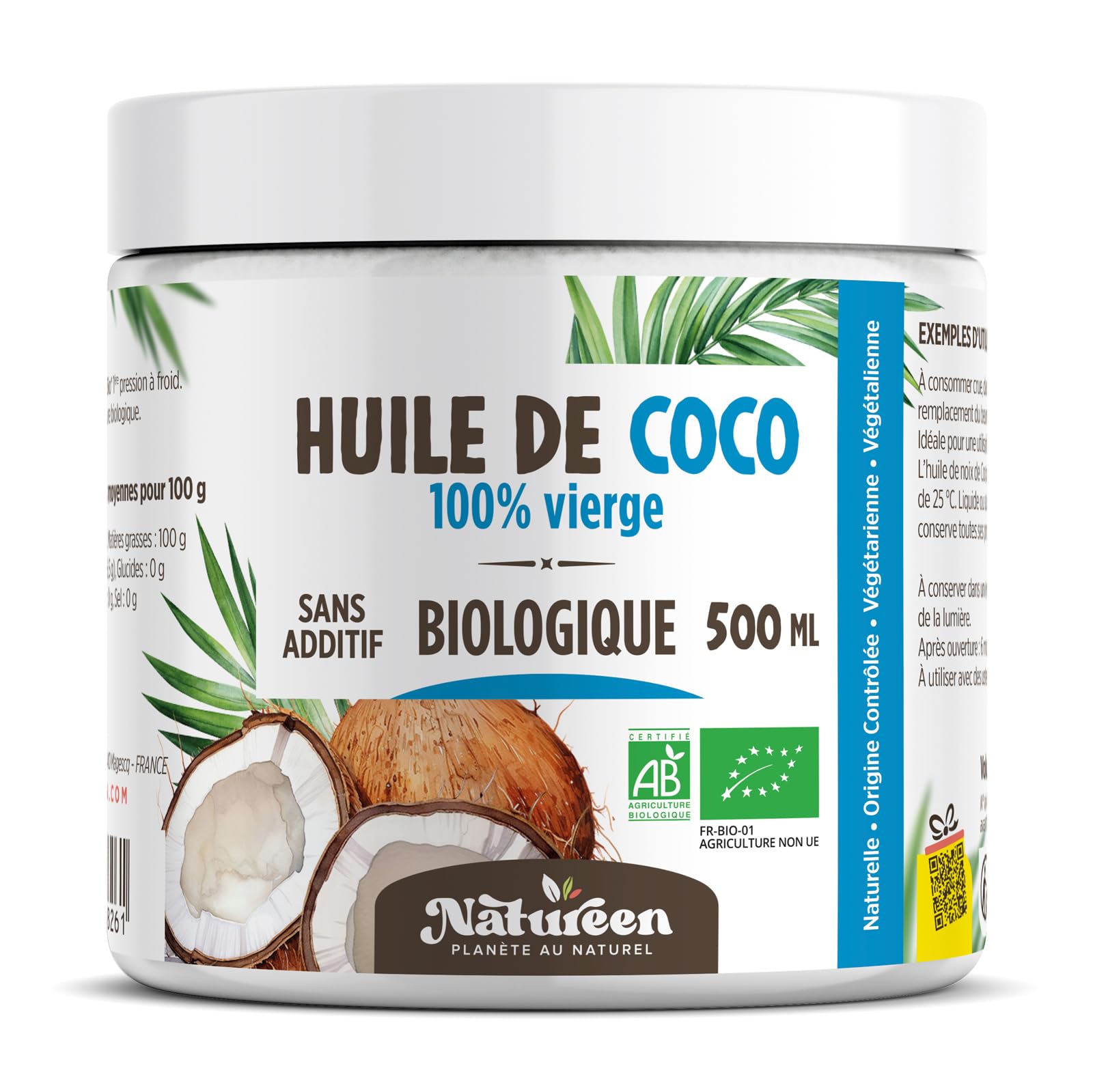 Huile de Coco Bio - 500 ml - Vierge, Pure et Biologique - Première pression à frois - 100% biologique - Cuisine et cosmétique