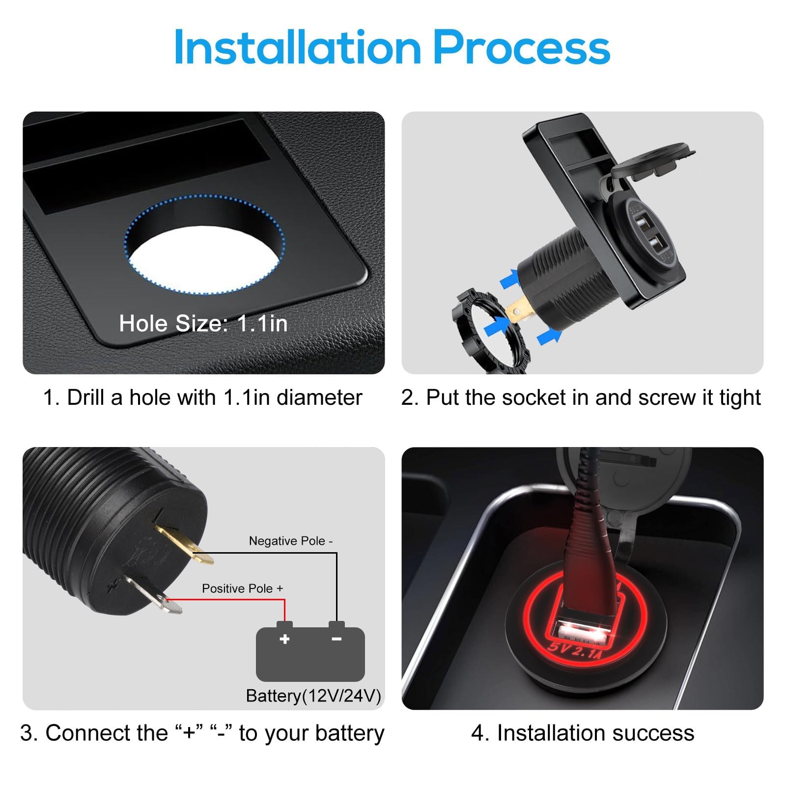 BELVA BA2USB Hard-Wired 12V Dual USB Charging Port With LED Light - For Car, Truck, Boat, RV