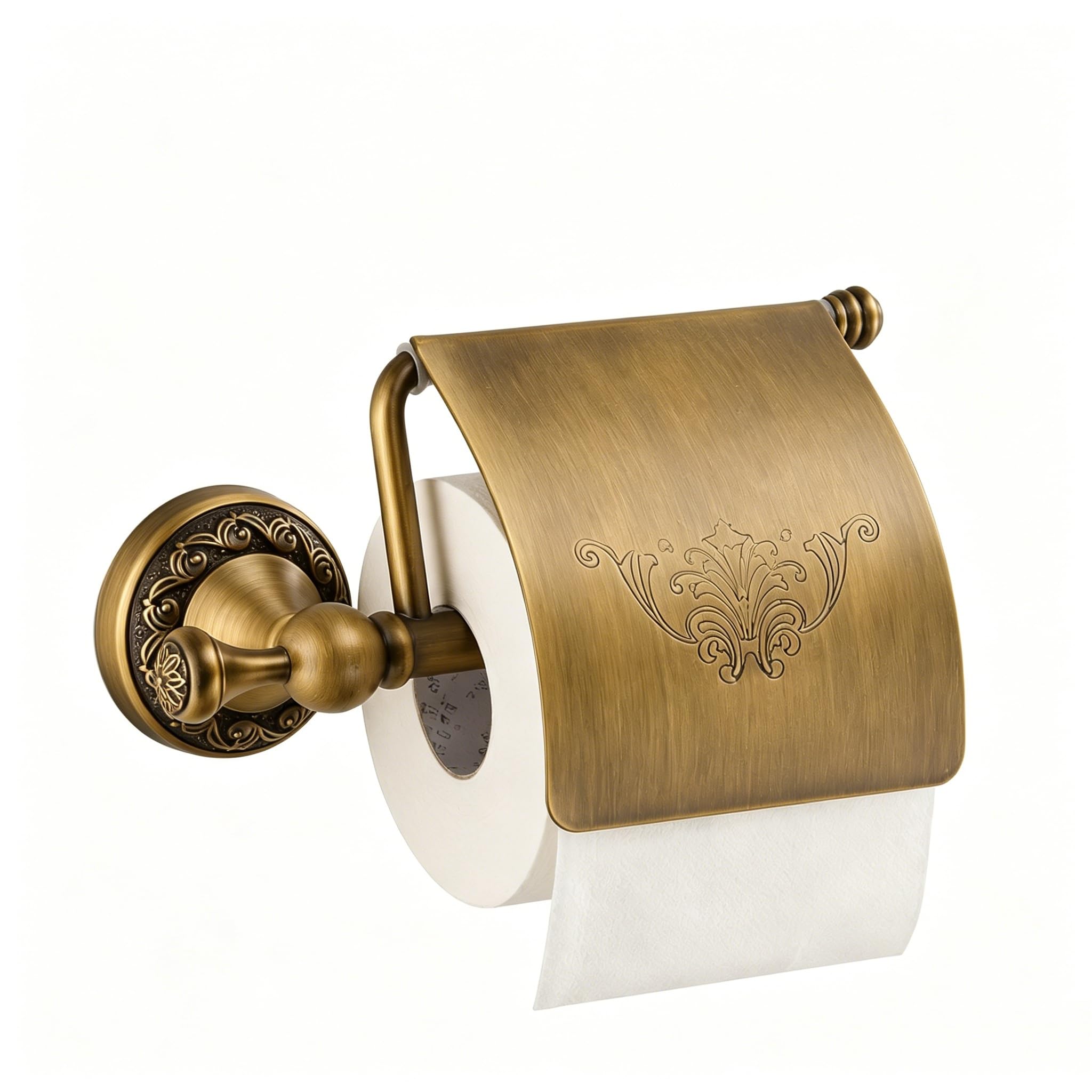 Antique Brass Toilet Paper Holder with Carved Solid Brass Cover