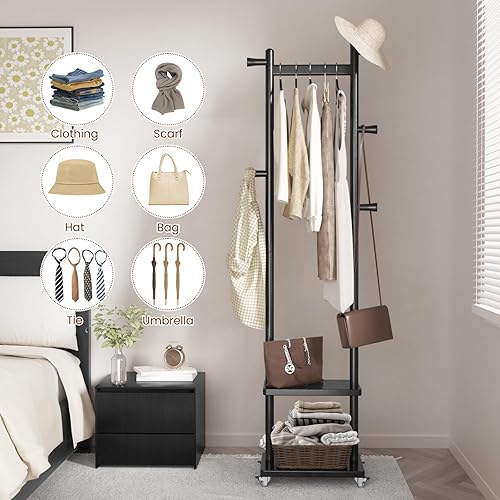 Miniatura 2 de Perchero independiente con ruedas y 2 estantes de almacenamiento y 5 ganchos, resistente perchero de madera, soporte de árbol, perchero para colgar