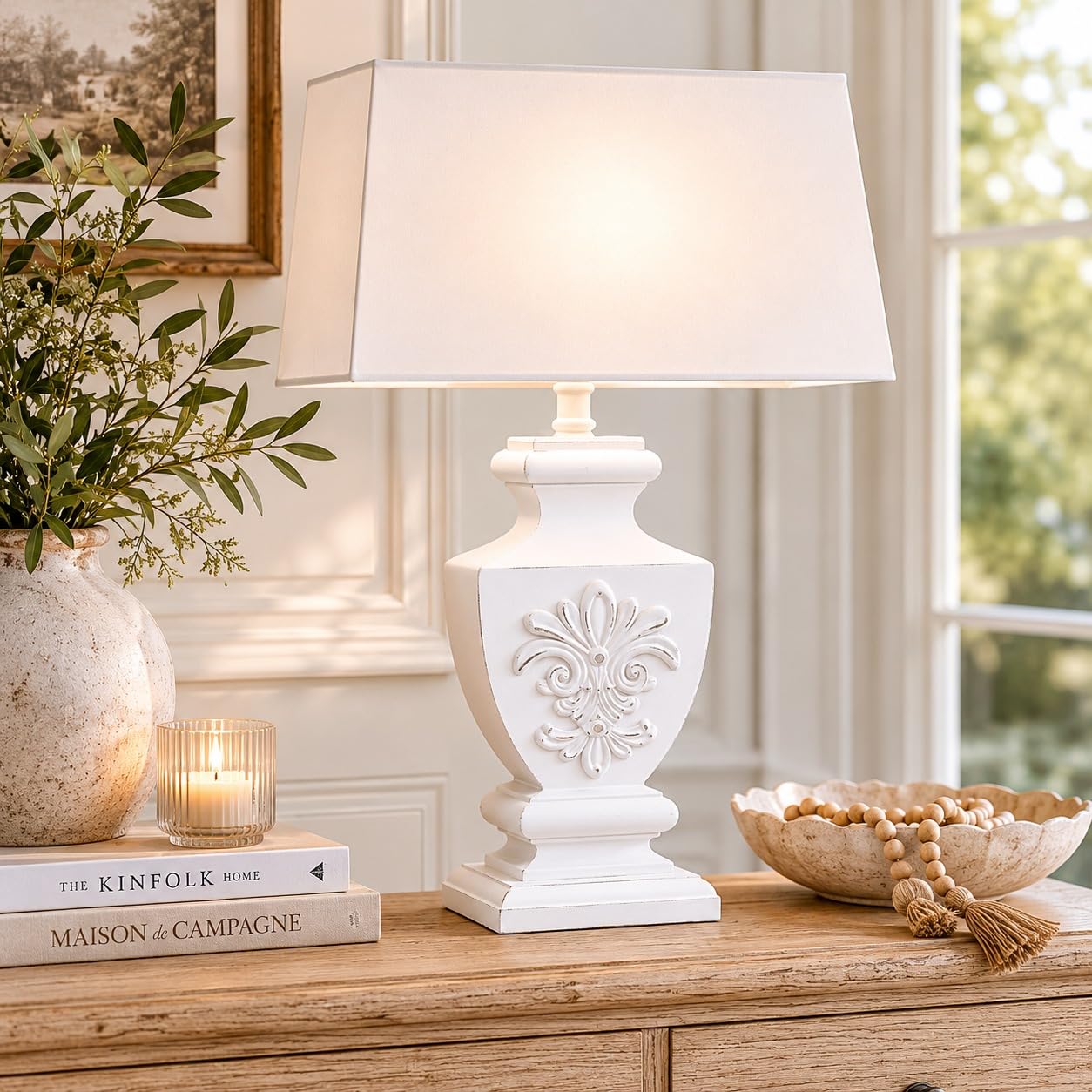 Vintage Tischlampe Landhausstil Weiß 53 cm–Shabby Chic Nachttischlampe mit rechteckigem Stoffschirm, Holzfuß, E27 Fassung, Tischleuchte für Schlafzimmer, Wohnzimmer & Flur Ideal für Nostalgie Lampe