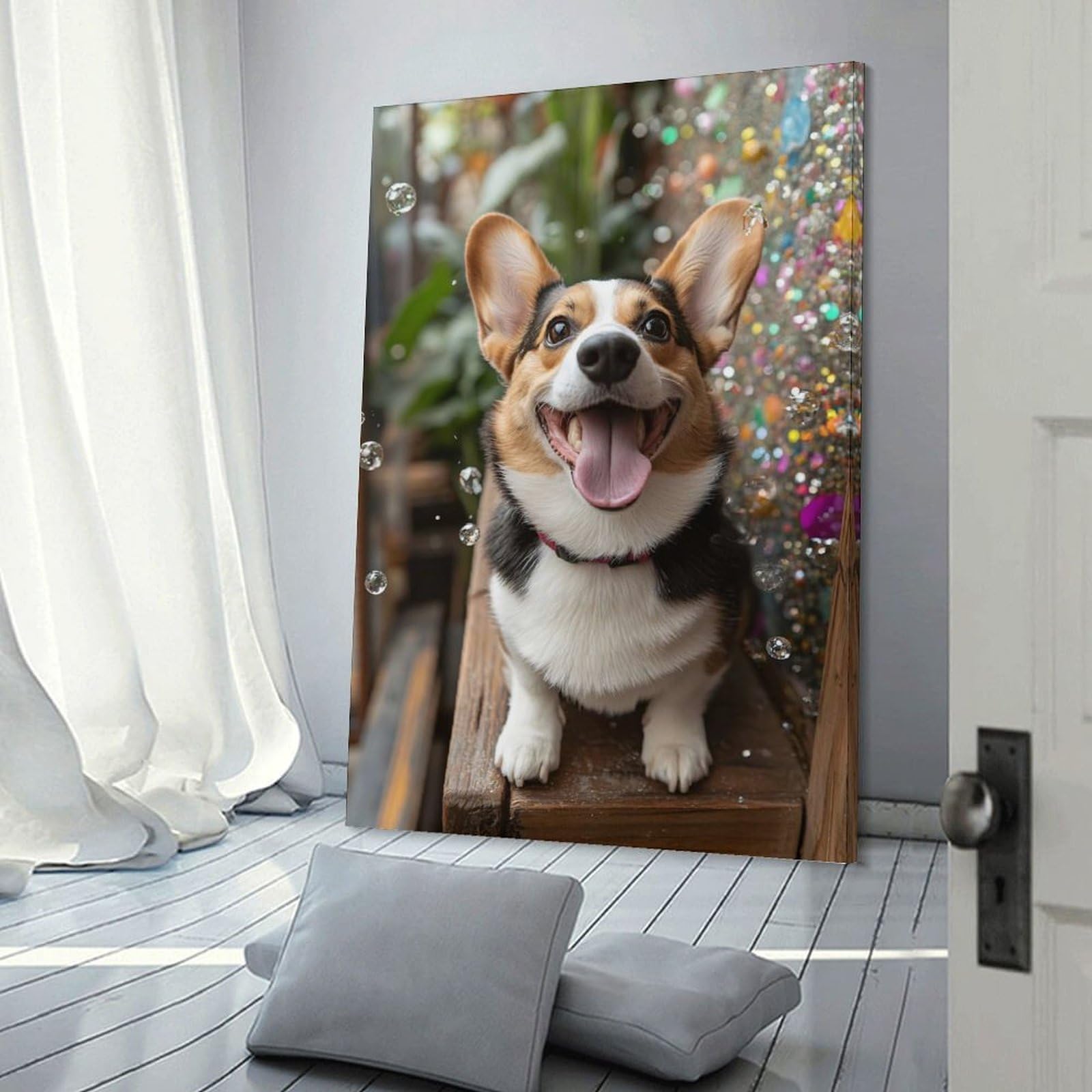 Junmoney Happy Corgi with Bubbles Canvas Wall Picture 20x30inch(50x75cm), for Living Spaces, Bedrooms Or Relaxed Rooms, Modern Wall Decor for Cosy Interiors