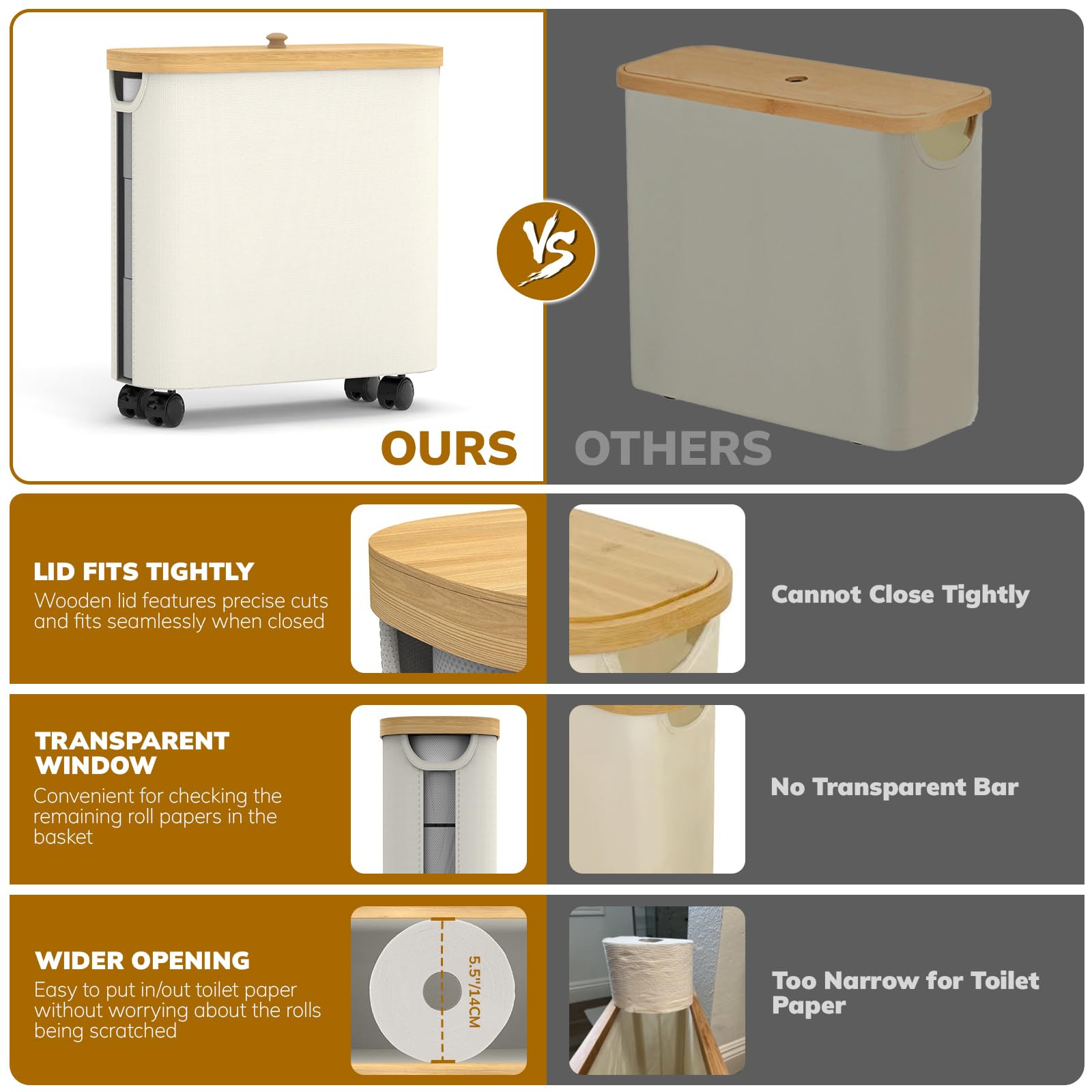 Almacenamiento de papel higiénico con rueda, soporte de papel higiénico de bambú con tapa y asa, organizador de papel higiénico para baño, cesta de papel de 30 L para 9-12 rollos de accesorios de baño