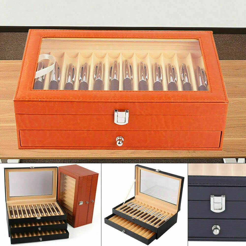 Boîte à crayons 24/36 emplacements pour stylos - Vitrine avec fenêtre d'affichage - Boîte de rangement pour stylos à bille (24 embouts noir)