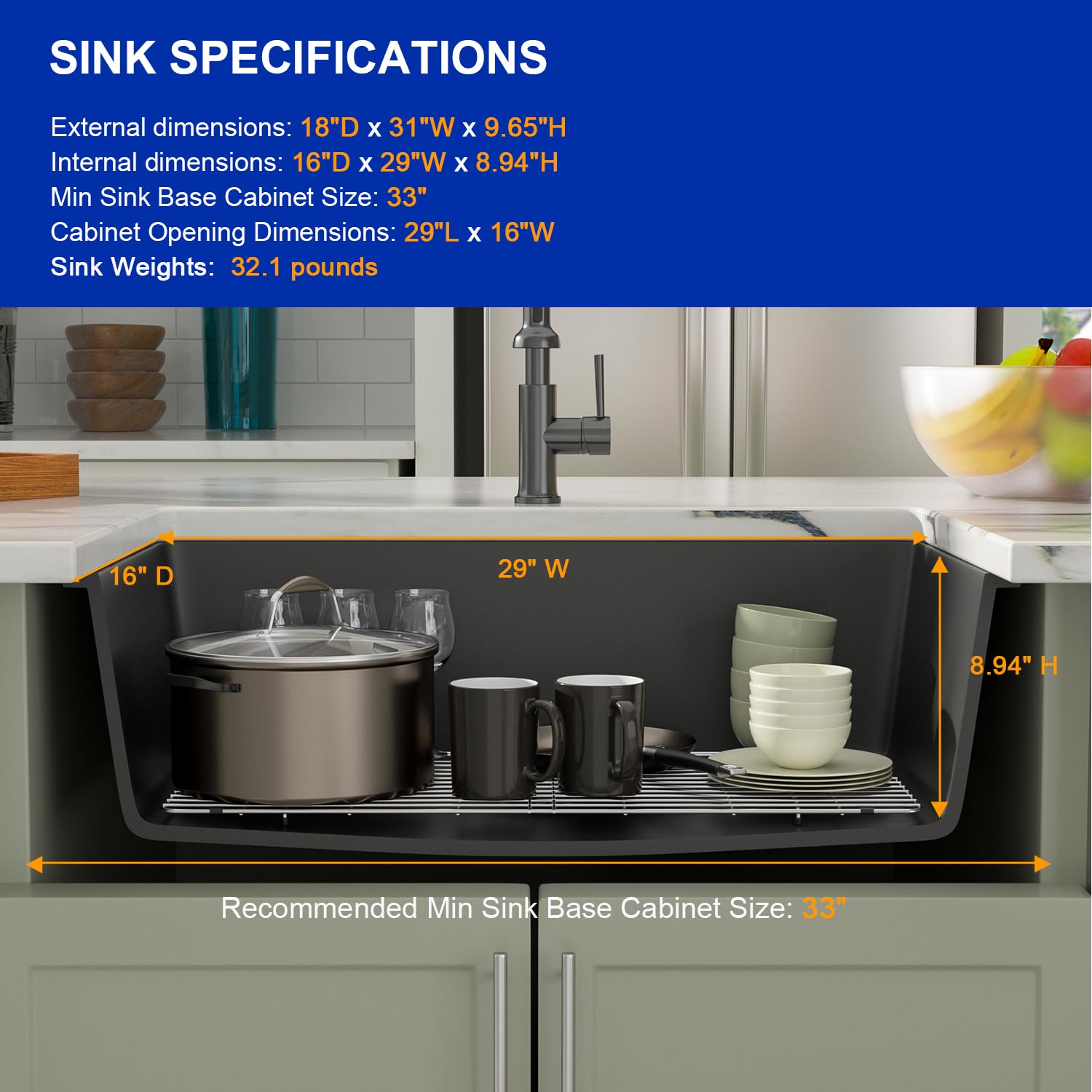 Dcolora 31 Inch Quartz Composite Black Kitchen Sink Undermount