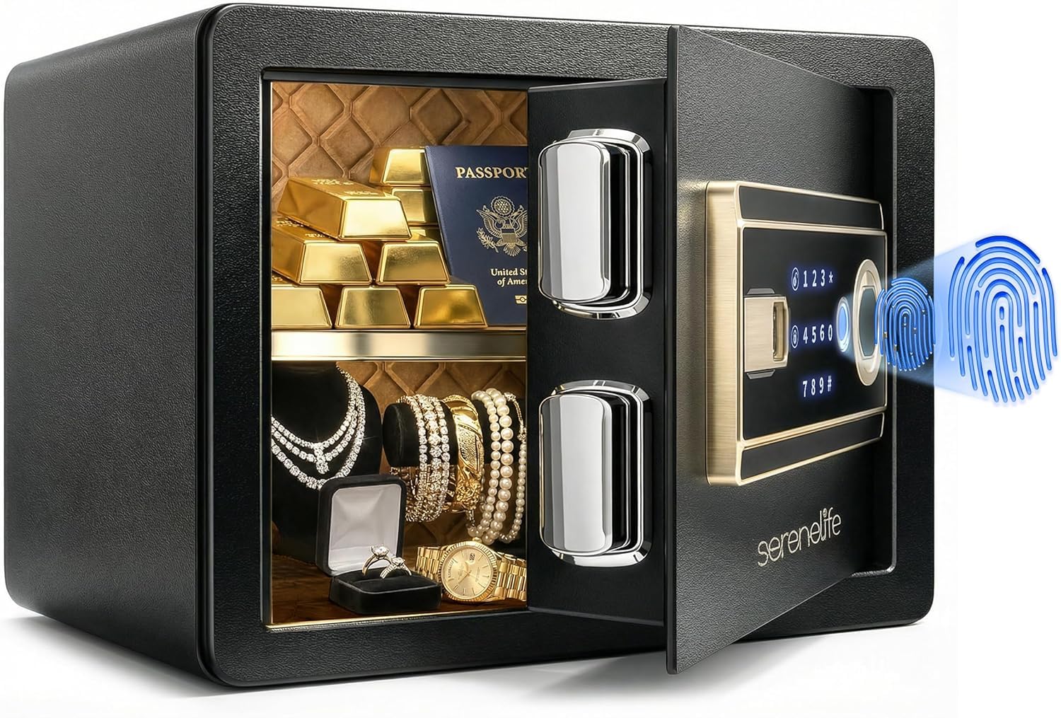 SereneLife caja fuerte con huella digital, Acceso electronico, Teclado tactil, 4 llaves, Ideal para el hogar u oficina, 35cms x 25cms x 25cms