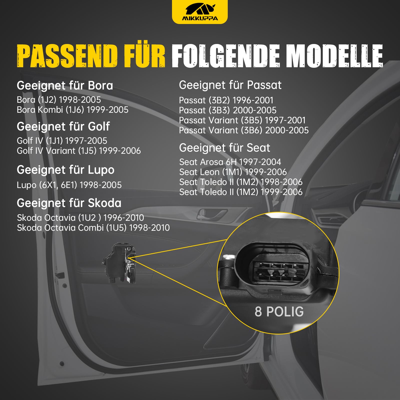 MIKKUPPA Cerradura de puerta delantera izquierda apta para Golf 4 Passat 3B Bora New Beetle, cerradura servomotor con cierre centralizado