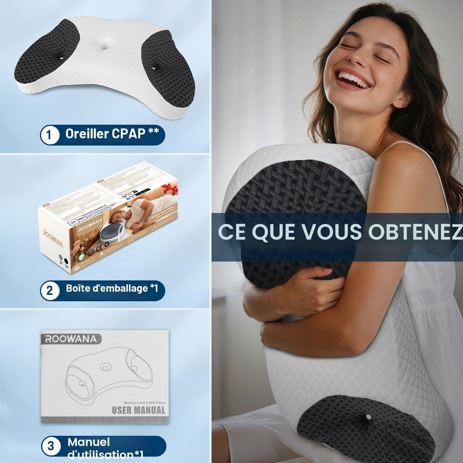 Oreiller CPAP pour Dormeurs sur Le Côté, Noir, 70x40x10/12.5cm