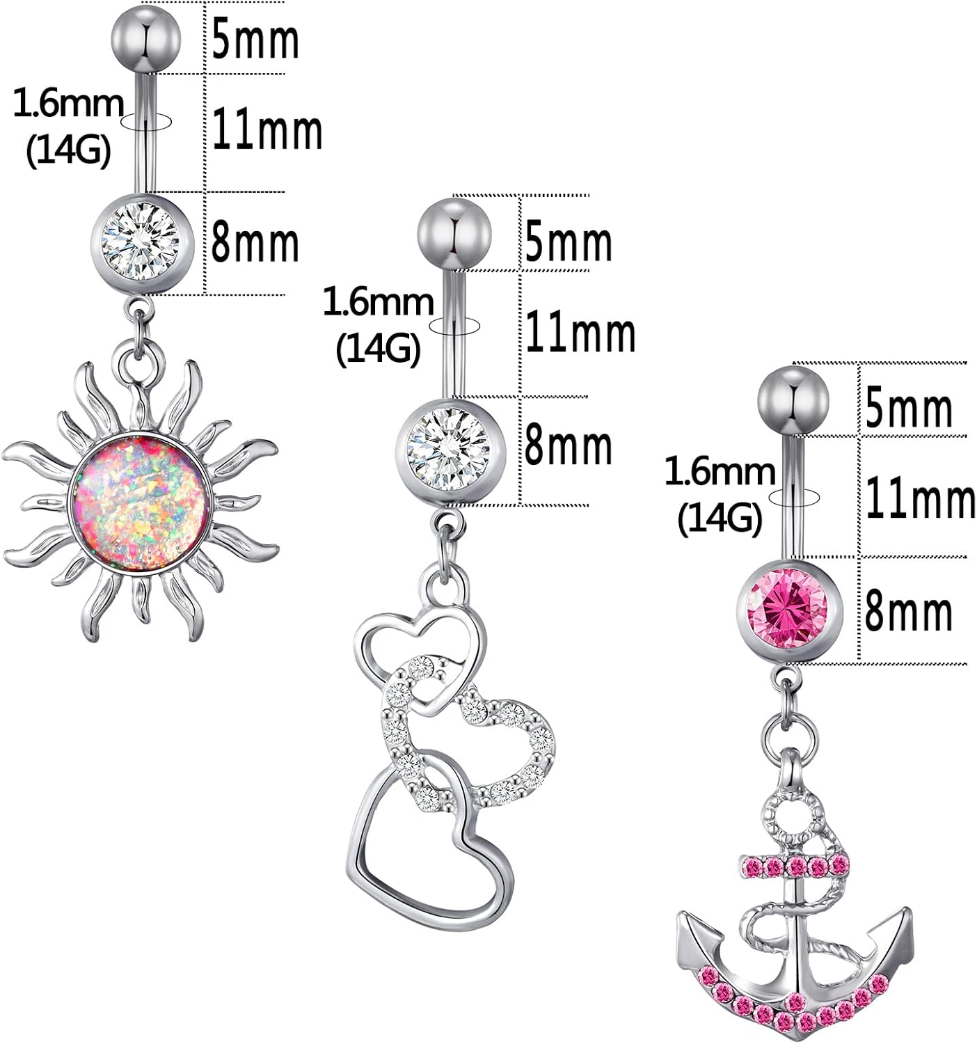 TAMHOO 15PCS 14G Stainless Steel Belly Button Rings for Women with AAA Cubic Zirconia - Image 4