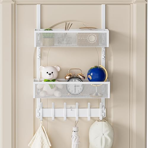 Aimeaihe Over The Door Hooks Organizer, Over Door Storage with 12 Coat Hooks and 2 Mesh Basket, Bathroom Door Organizer Towel Rack Back of Door Hanger Organizer for Bedroom, Kitchen(White) - 2 Baskets - White