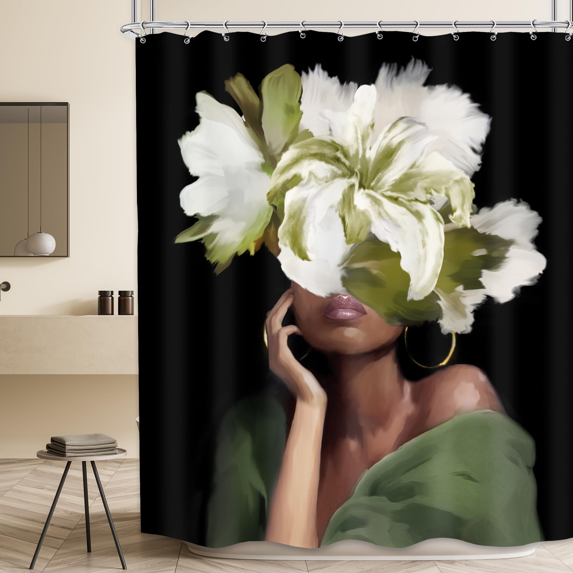 MESHELLY Vintage Black Girl Shower Curtain 60Wx72H Green Floral African American Bathroom Curtain White Flower Black Woman Bath Curtain Afro Sexy Lady