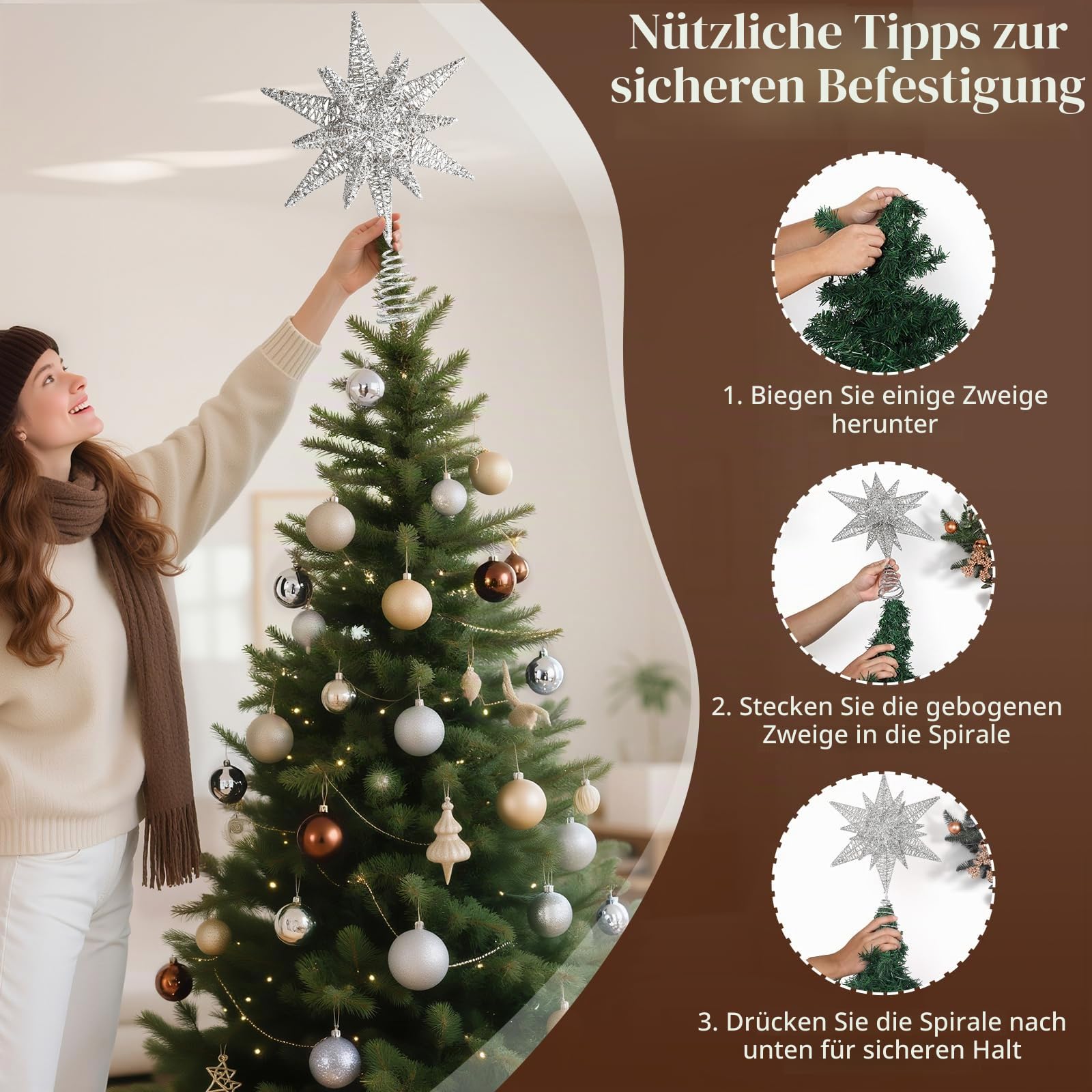 Lewondr Weihnachtsbaum Spitze Stern, 3D Sechseckig LED Lampe Weihnachtsstern Baumspitze mit Timer & 8 Lichtmodi, USB-betrieben Fernbedienung Weihnachtsdeko Beleuchtung Weihnachtsbaum Stern, Silber