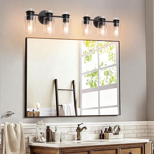 Miniatura 6 de Lámpara de tocador de baño de 3 luces color negro mate sobre el espejo, pantalla de vidrio transparente y diseño a prueba de óxido para baño,