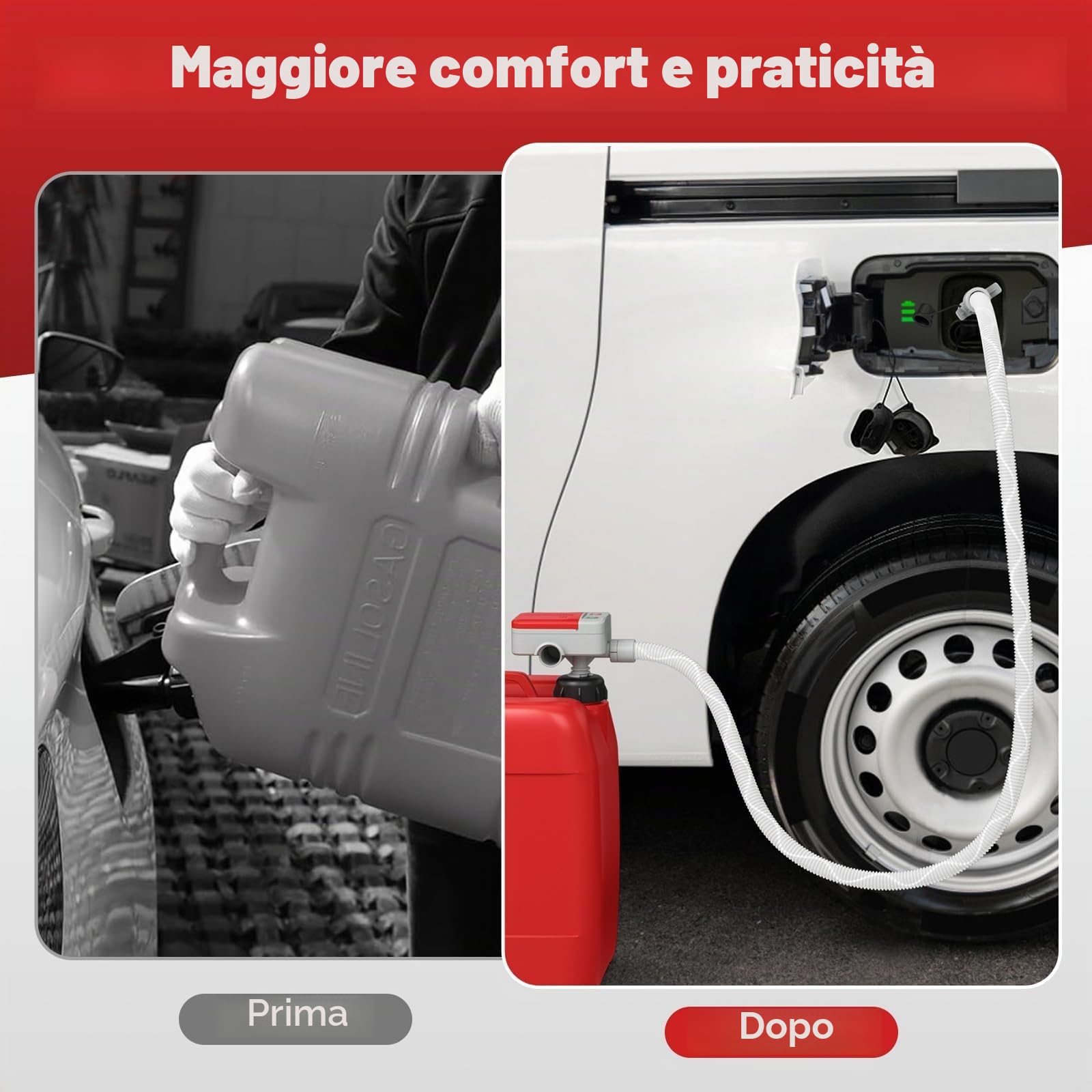 FANTASK Pompa elettrica di trasferimento del carburante con sensore di arresto automatico, 3,2 GPM pompa benzina/diesel/olio con tubo e 3 adattatori, rosso e bianco