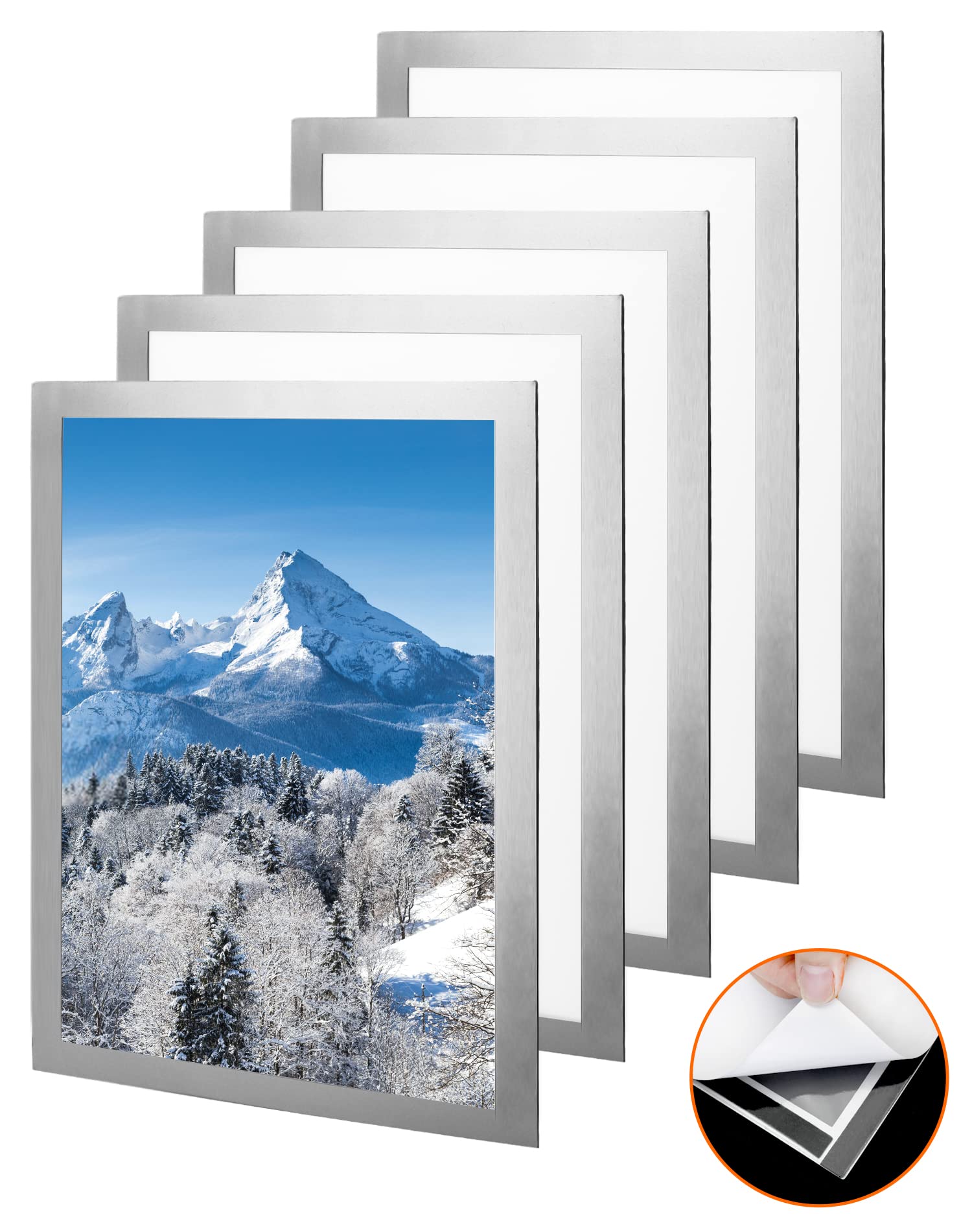 QWORK® 5 szt. Magnetyczne ramki do zdjęć, uchwyty na dokumenty z magnetycznym zamknięciem Odpowiednie do certyfikatów A4, reklam, zdjęć, zdjęć (srebrny)