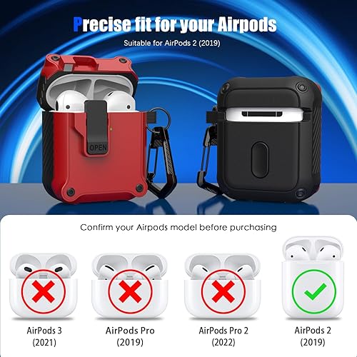 Miniatura 6 de RFUNGUANGO Funda para Airpods de 2 y 1 generación con clip de bloqueo seguro, cubierta protectora dura a prueba de golpes con llavero, color rojo
