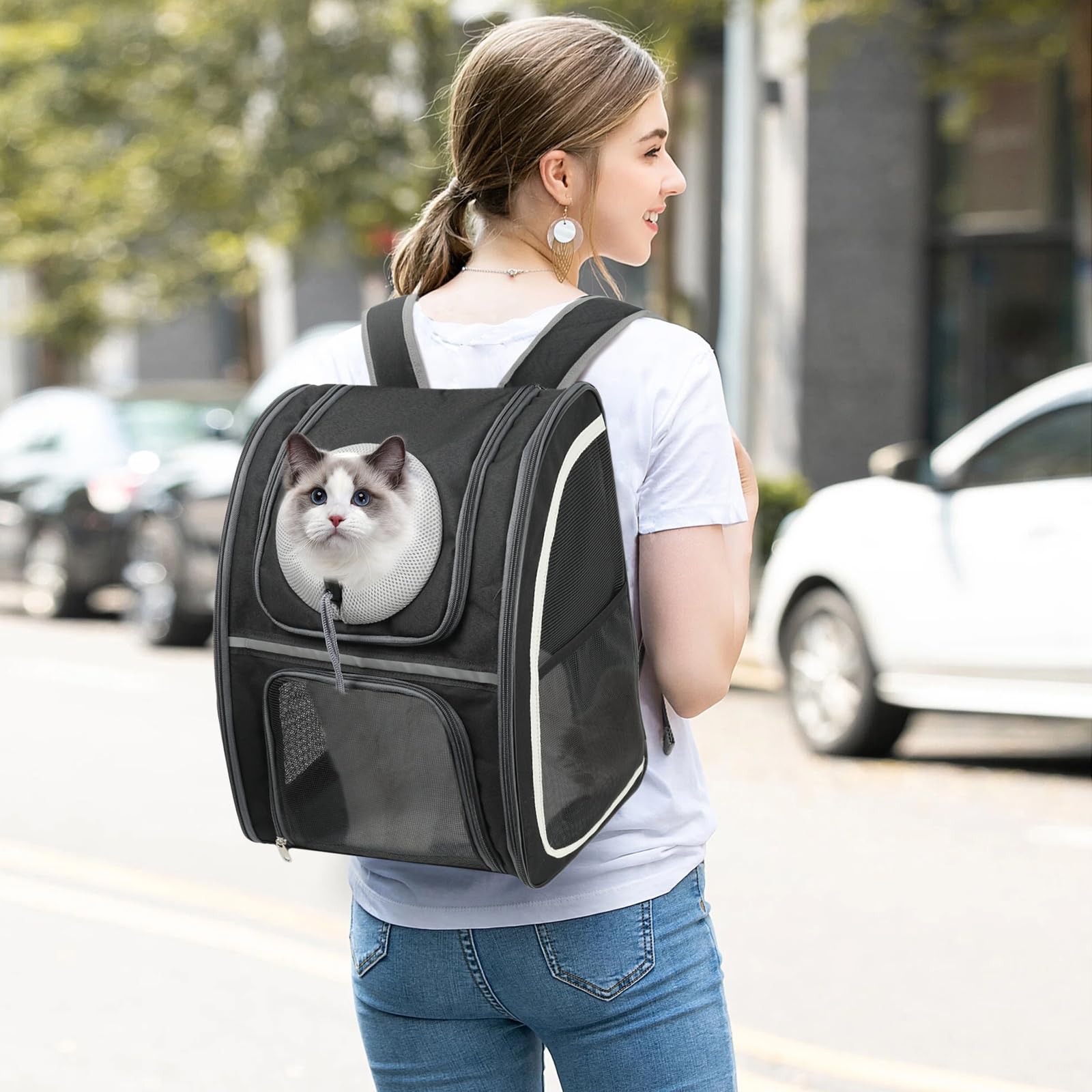 Katzenrucksack mit Netzfenster, tragbarer und Faltbarer Katzentransporter, atmungsaktiv und leicht, mit viel Platz,Muss für Reisen mit Haustieren.