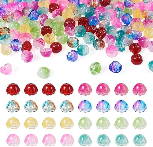 FASHEWELRY 128 cuentas de flores de cristal, cuentas espaciadoras de flores de cristal, coloridas campanas transparentes florales sueltas a granel