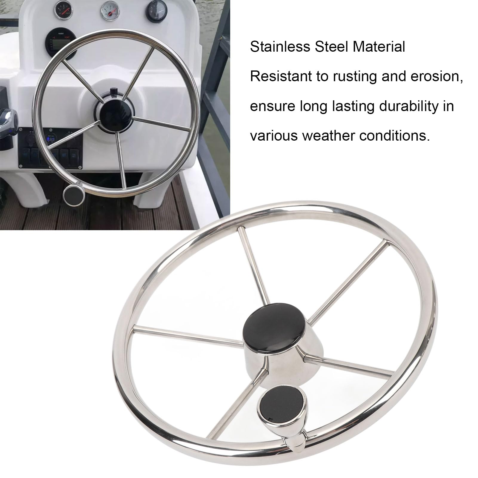Boat Steering Wheel, 13-1/2 Inch Marine Steering Wheel, 5 Spoke 25 Degree Stainless Steel Marine Boat Steering Wheel with Grip for Ship Yacht Speedboat, Boat Accessories