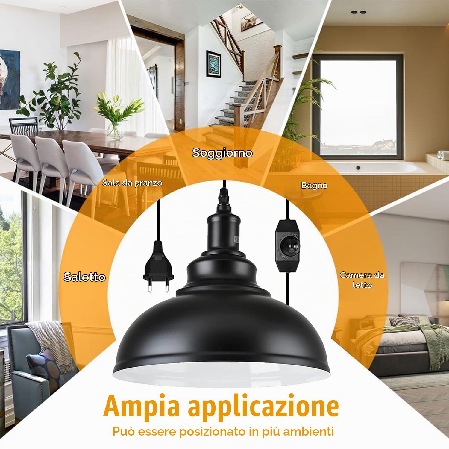 2 Pezzi Lampada a Sospensione con Spina, E27 Vintage Lampadario Nero, Ø26CM | Lampada a Sospensione con Cavo da 4.5M e Interruttore Regolabile,Lampadari Paralume per Cucina Magazzino Fattoria
