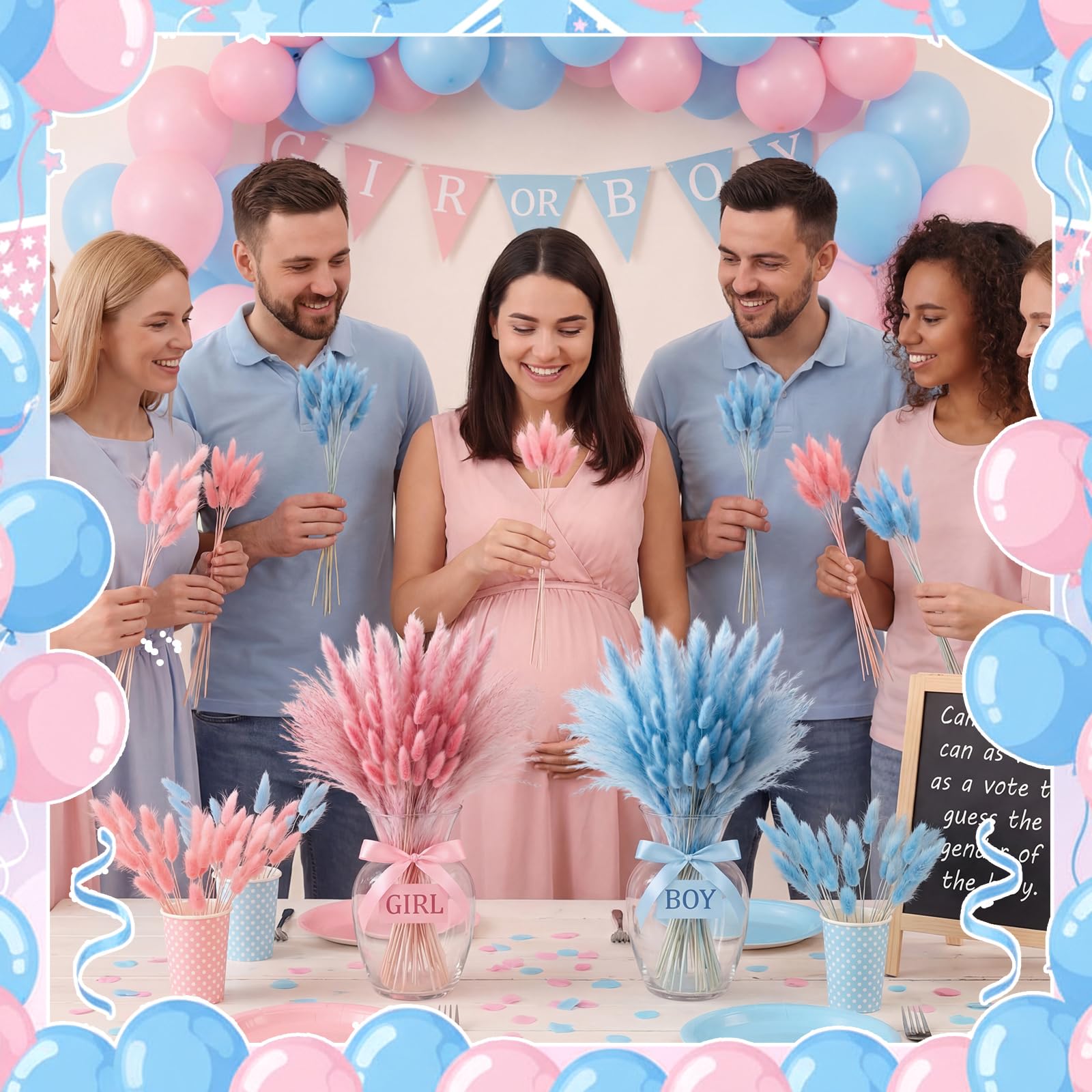 Hoteam Lot de 105 décorations de révélation du sexe rose bleu herbe de la pampa garçon ou fille | Décoration de fête prénatale « He or She » bohème - Herbe de la pampa - Fleurs séchées pour centres de table ou vase