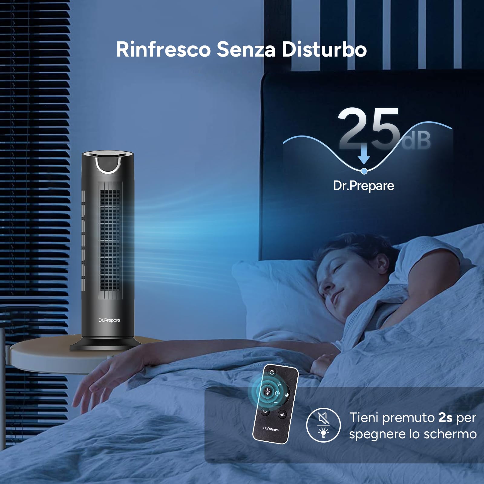 DR.PREPARE Ventilatore Silenzioso 25dB Motore DC 12W 8 Velocità 7m/s Timer 8H Oscillante da 80° Ventilatore a Torre da Tavolo con Telecomando per Camera da Letto Ufficio Scrivania Camper