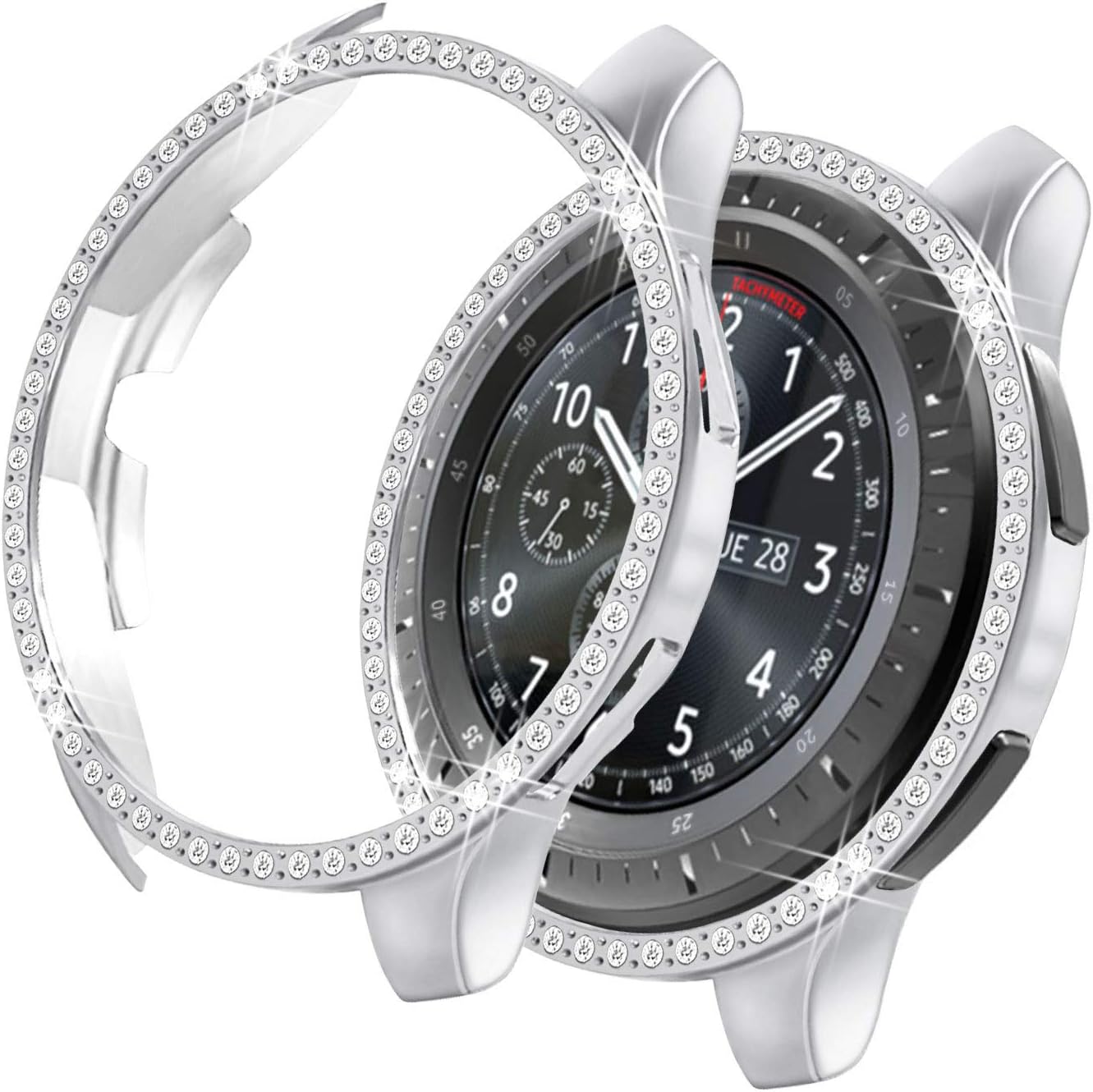 Compatible with Samsung Galaxy Watch 46mm (SM-R805) 2018 / (SM-R800) 2018, Bling Case Crystal Rhinestone Bumper Shell Protective Cover Shiny Diamond Cases Women Girl (46mm Silver)