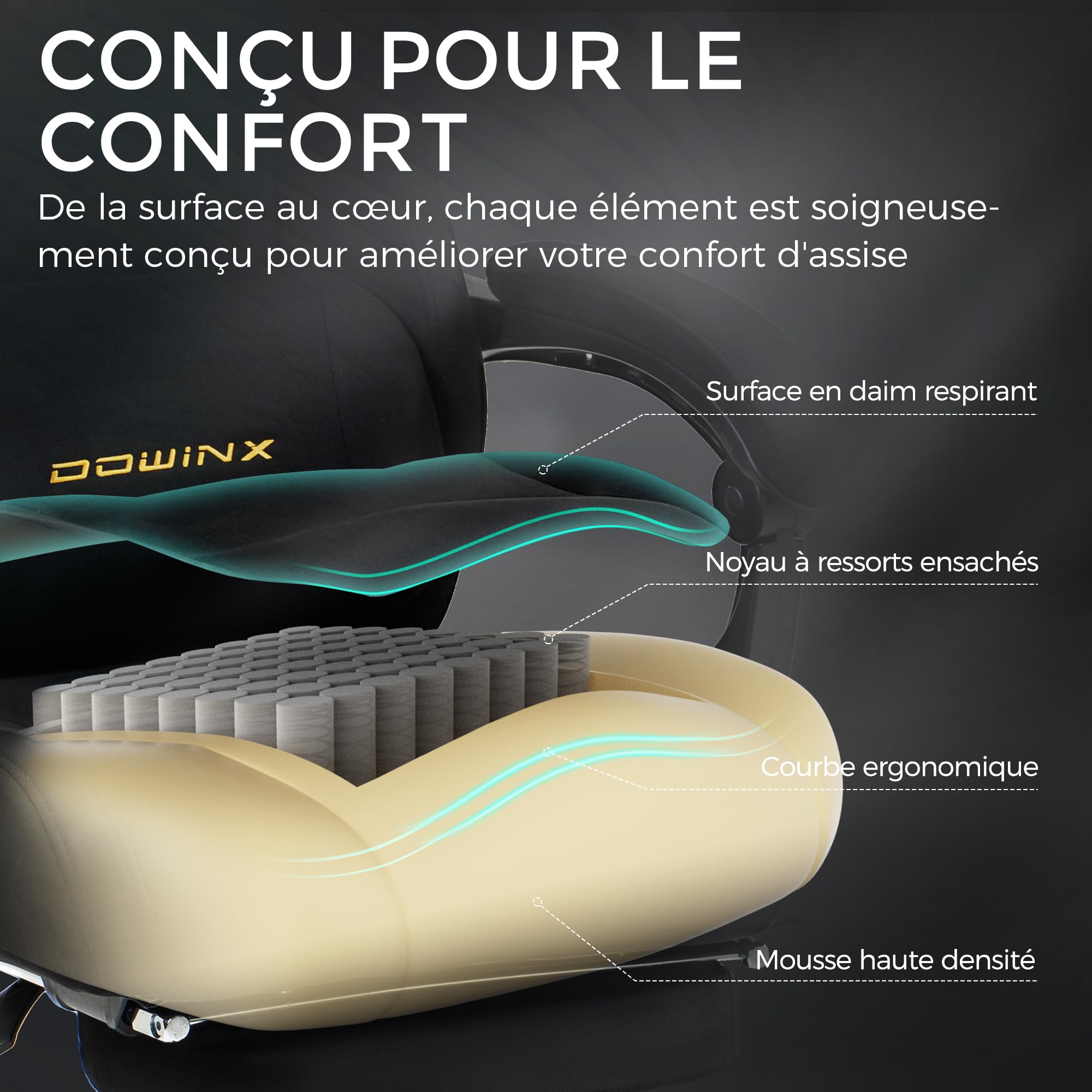 Dowinx Chaise Gaming Ergonomique avec Coussin Lombaire Réglable, Fauteuil Gamer en Velours, Assise Épaissie, Repose-Pieds Rétractable, Accoudoirs Réglables, Dossier Inclinable 160°, Noir