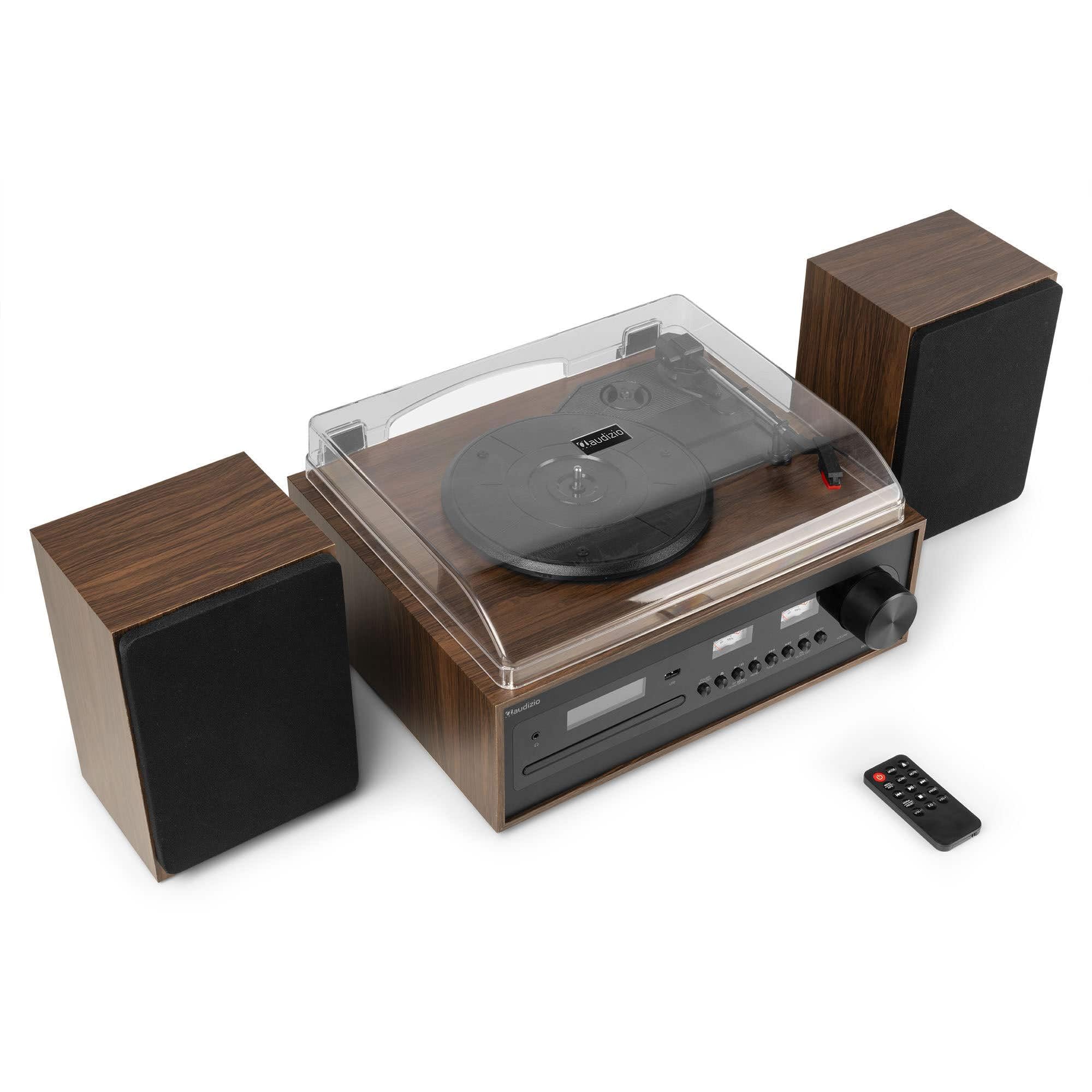 Audizio Boston Retro HiFi Giradischi Bluetooth CD MP3 USB, Radio Dab+, Altoparlanti Stereo, Ingresso AUX, Uscita Cuffie, 3 velocità, Telecomando e Vummetri illuminati