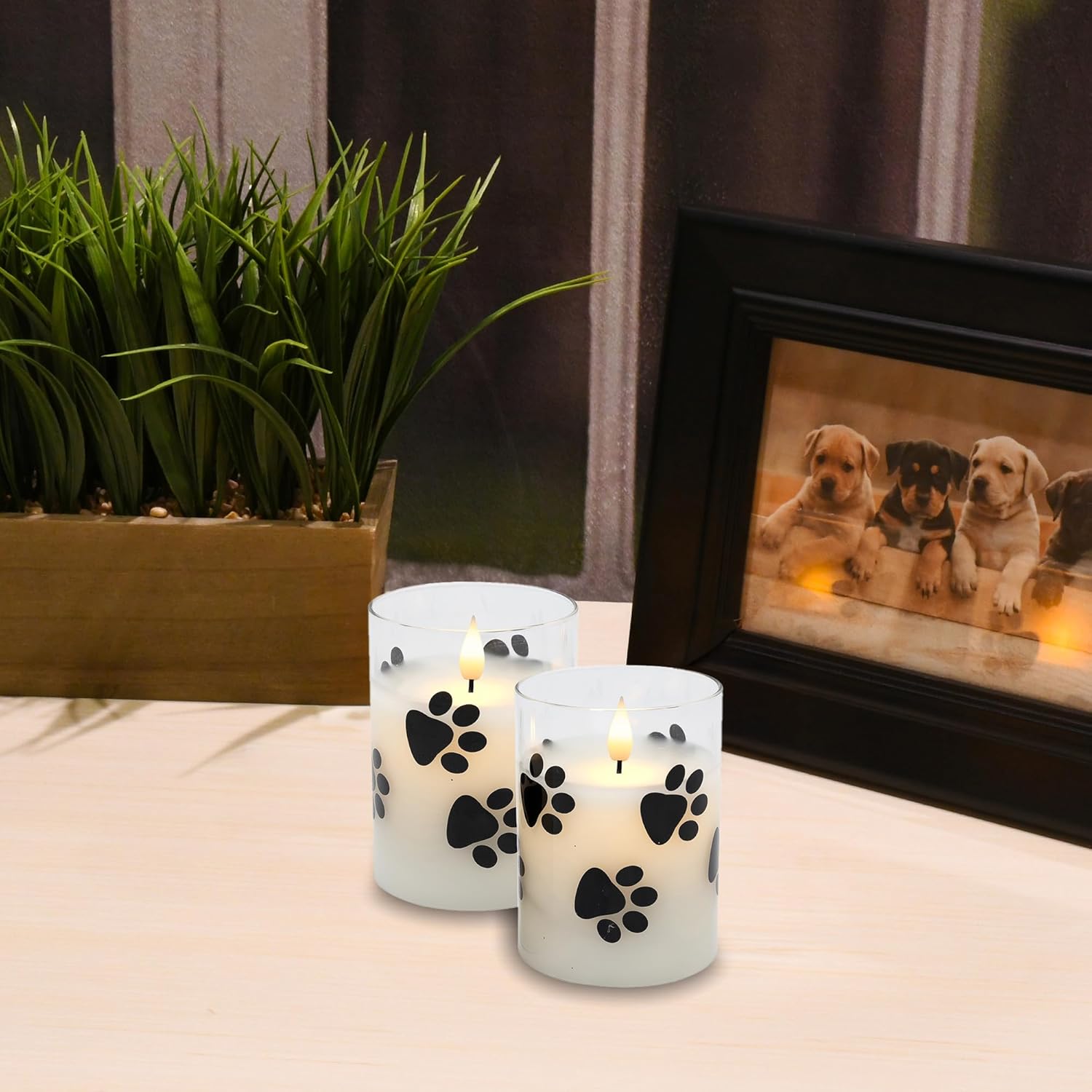 LumaBase Battery Operated LED Glass Candles with 3D Wick Flame, Paw Print - Set of 2