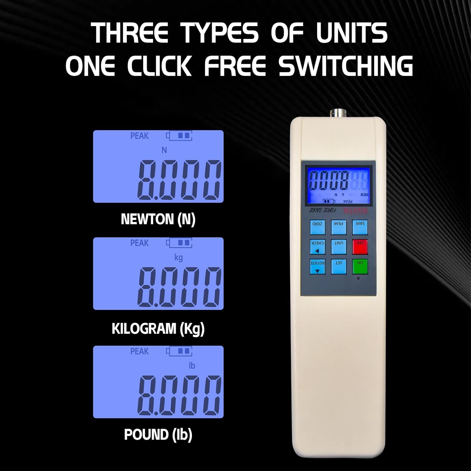 Digital Force Gauge Push Pull Tester with External Sensor, 1000N / 100kg / 220lb Capacity, 0.1N Resolution, ±1% Accuracy, Peak Hold, Data Storage 447 Values, N/Kg/Lb Units, Force Measurement Tool