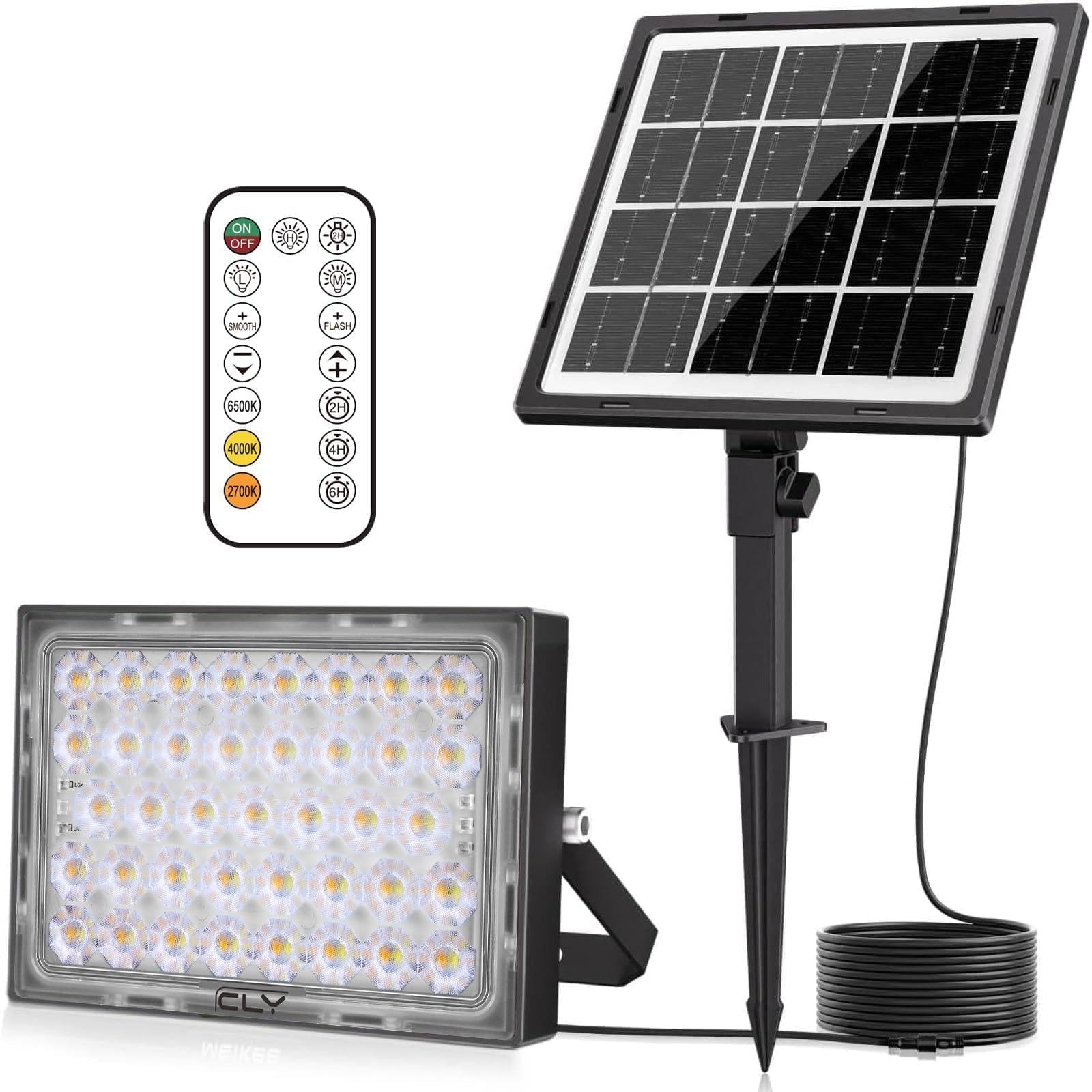 CLY Solar Strahler Außen mit Fernbedienung 30W 2600LM Solarstrahler 2700K 4000K 6000K 2 Helligkeit Solarlampen für Außen 2 Dynamische Modi Timing-Funktion 5000mAh Solar Aussenleuchte IP66 Wasserdicht