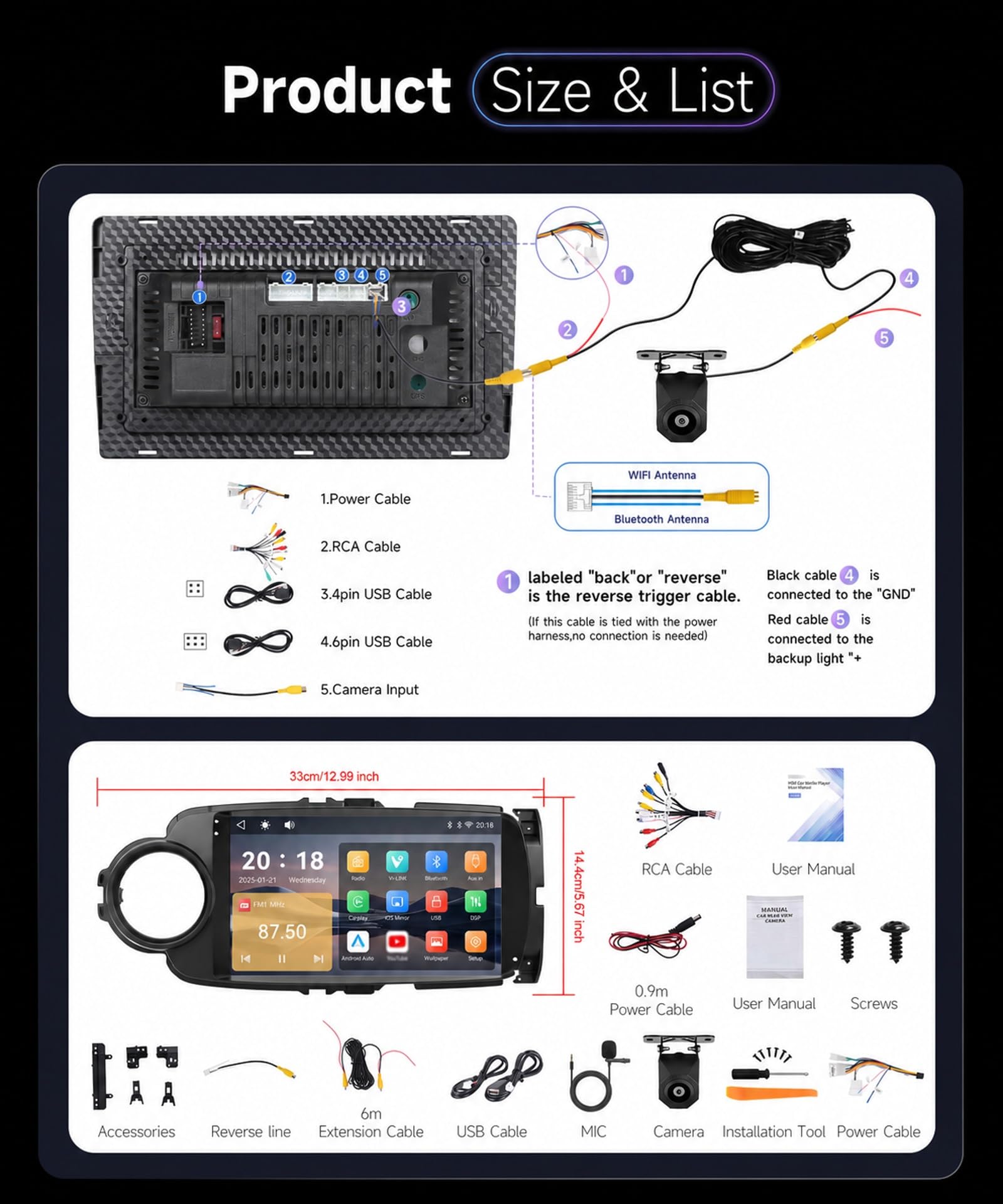 Hodozzy Autoradio pour Toyota Yaris 2012-2017 avec CarPlay sans Fil Android Auto, 9 Pouce Touchsreen avec Bluetooth/RDS Radio/SWC/GPS/Youtube/USB/V-Link/+Caméra de Recul
