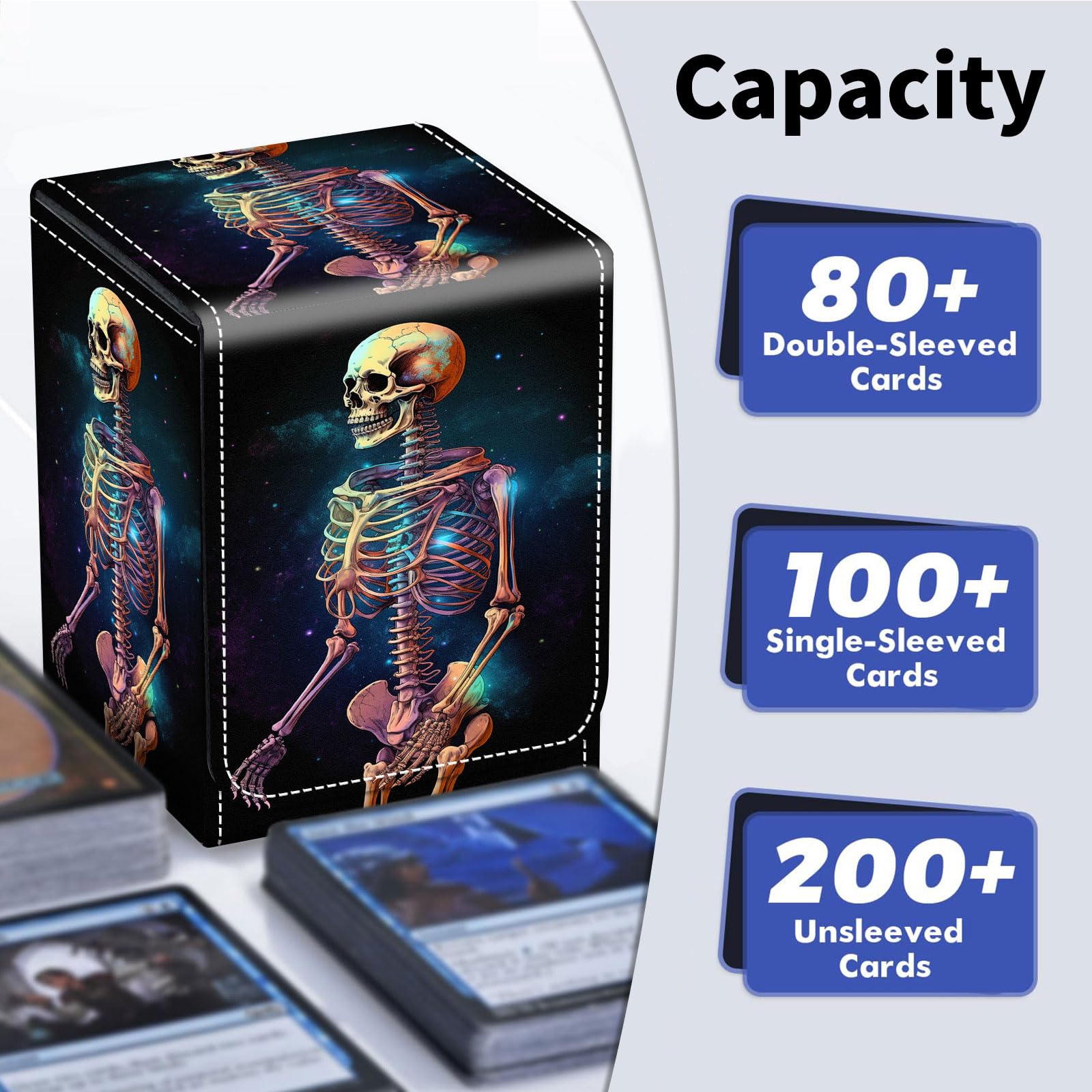 Amazon.com: Qindaiwen Card Deck Box for Trading Cards, MTG Deck Box Fits  100+ Single Sleeved Cards, PU Leather Strong Magnet Card Deck Case Holder  for Magic Commander TCG CCG, Skeleton : Toys