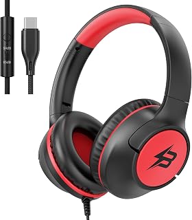 USB C Headphones Wired for Kids, 85/94dB Volume Limit With Mic, Black Red | Kid Headphones for School, Wired Over Ear USBC Plug in Corded Headphones for Boys Girl Toddler, iPad, Tablet, Airplane Travel