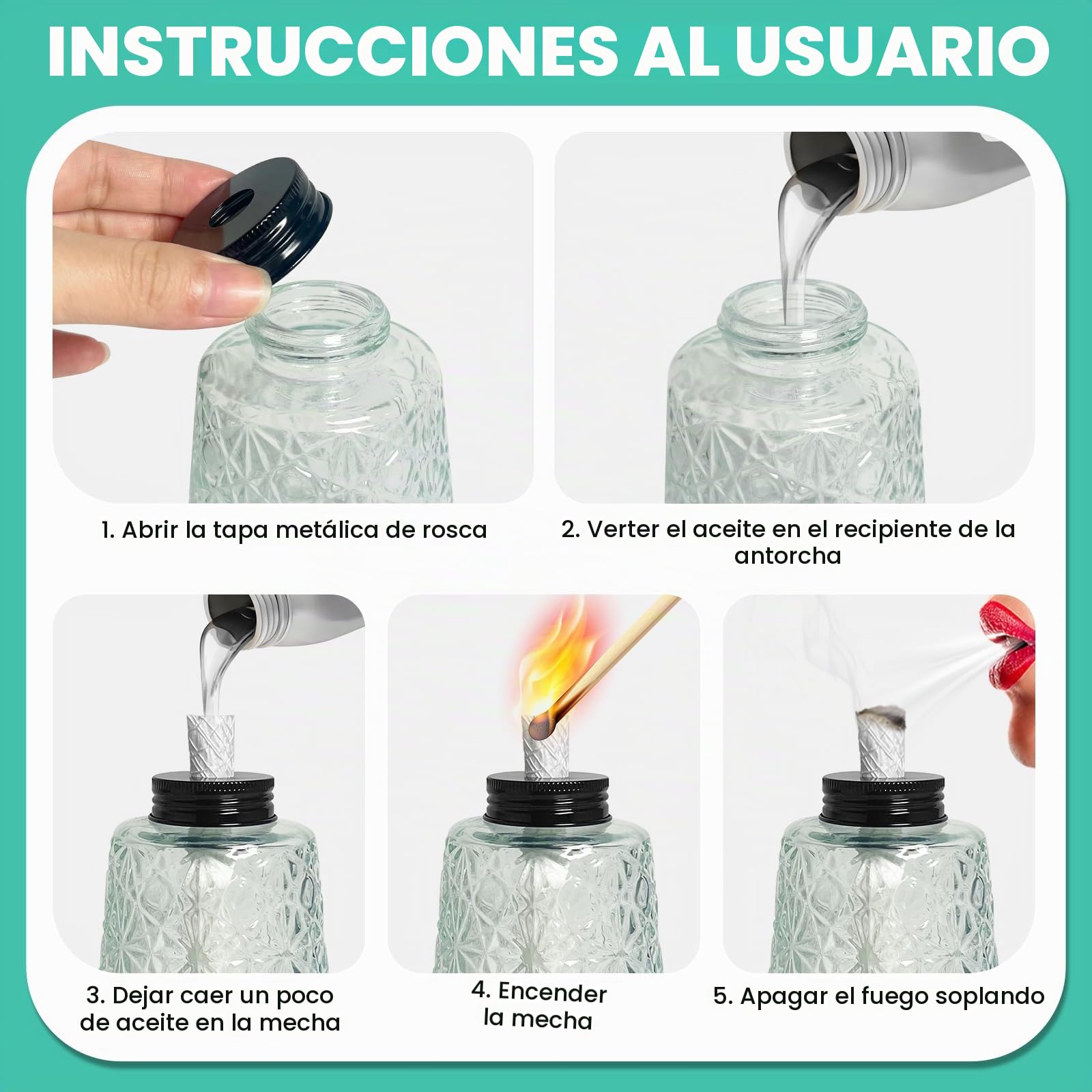 Paquete de 2 antorchas de cristal para lámpara de aceite de citronela para patio al aire libre con mechas y tapa