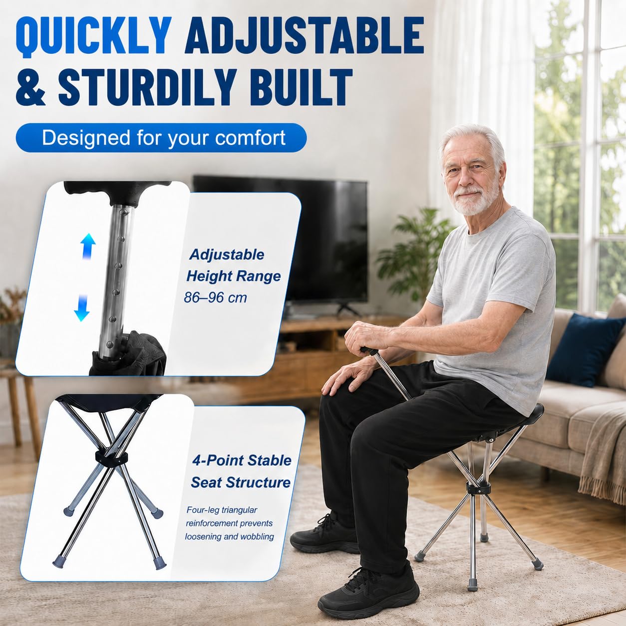 Canne Siège & Lampe de Poche LED, Réglable 74-96 cm, Canne de Marche Pliante Légère pour Seniors, Capacité 150 kg, Idéale pour Quotidien, Randonnée et Activités en Plein Air (Piles Non Incluses)
