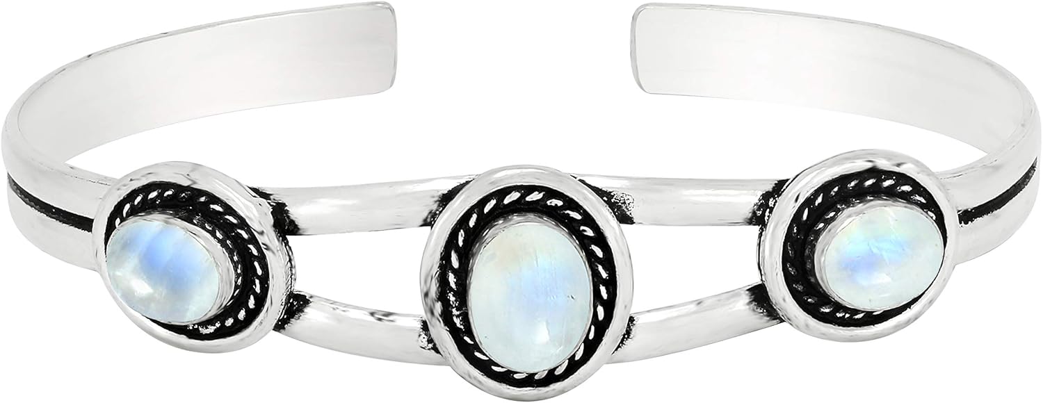 Natural Three Gemstones 925 Silver Overlay Open Bangle for Women - Oval Stone Vintage Style Handmade Adjustable Cuff Bracelet Jewelry - Perfect for Wedding & Special Occasions - Image 3
