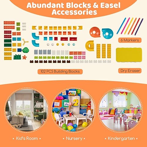 Miniatura 4 de Costzon Juego de mesa y silla 6 en 1 para niños, caballete de arte plegable con marcadores, borrador, 102 ladrillos compatibles, mesa de bloques de