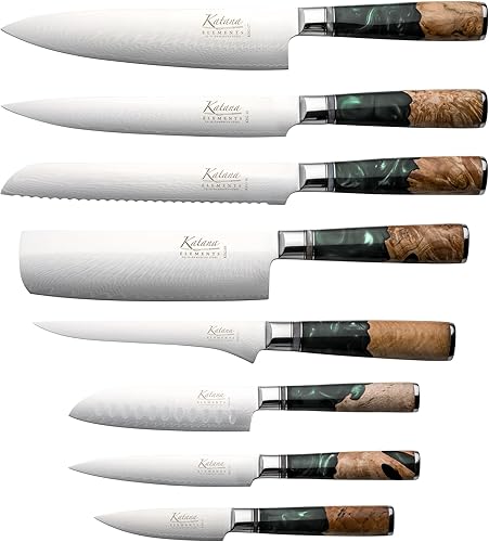 Katana Elements - Juego de 9 cuchillos de bloque de cuchillos 8 cuchillos especiales de calidad japonesa, cuchillas de acero de damasco premium,