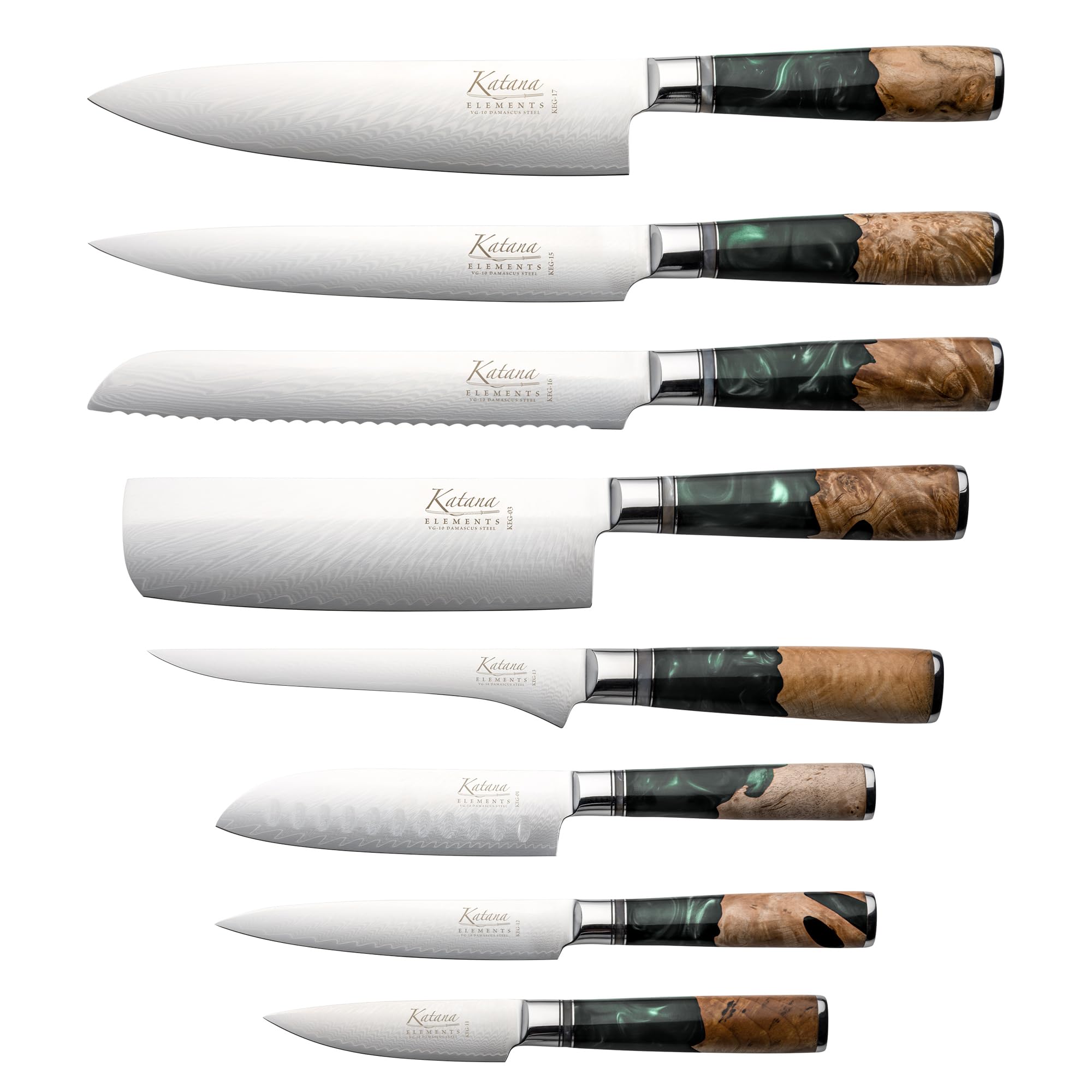 Katana Elements 9 Piece Knife Block Set : 8 Japanese Quality Specialty Knives, Premium Damascus Steel Blades, Unique Resin Handle, Green