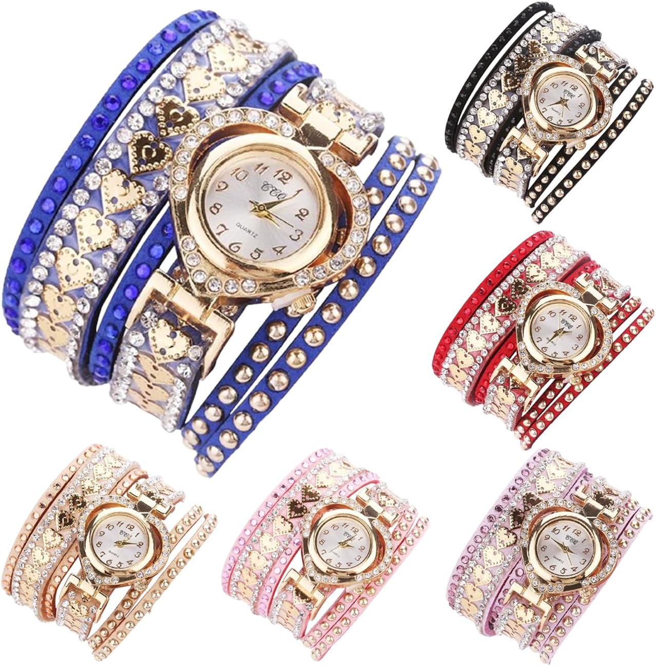 CdyBox Women's 6 Pack Inlay Diamond Wrist Watches Wrap Around Bracelet Analog Quartz Dress Wrist Watches Gifts