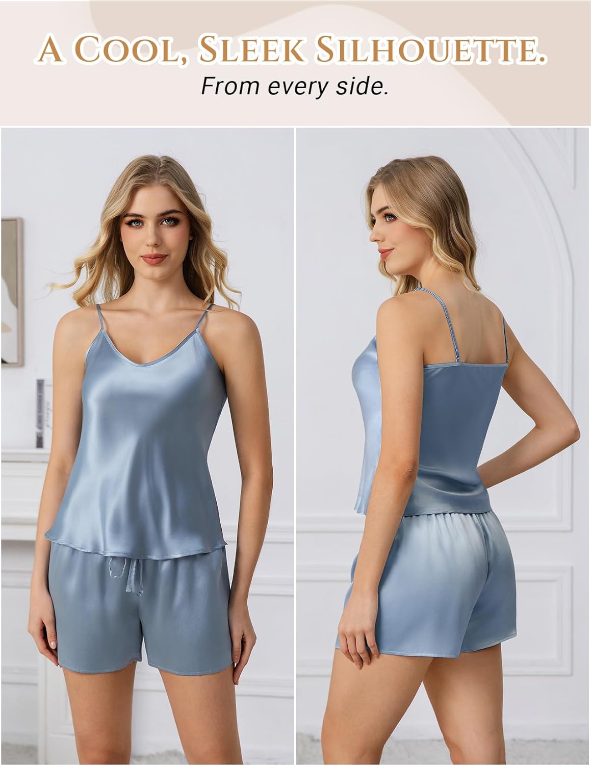 THXSILK 100% Mulberry Silk Women Cami Pajama Set, Tank Top with Shorts Sleepwear, Adjustable Spaghetti Straps, Luxury Pj Set - Image 2