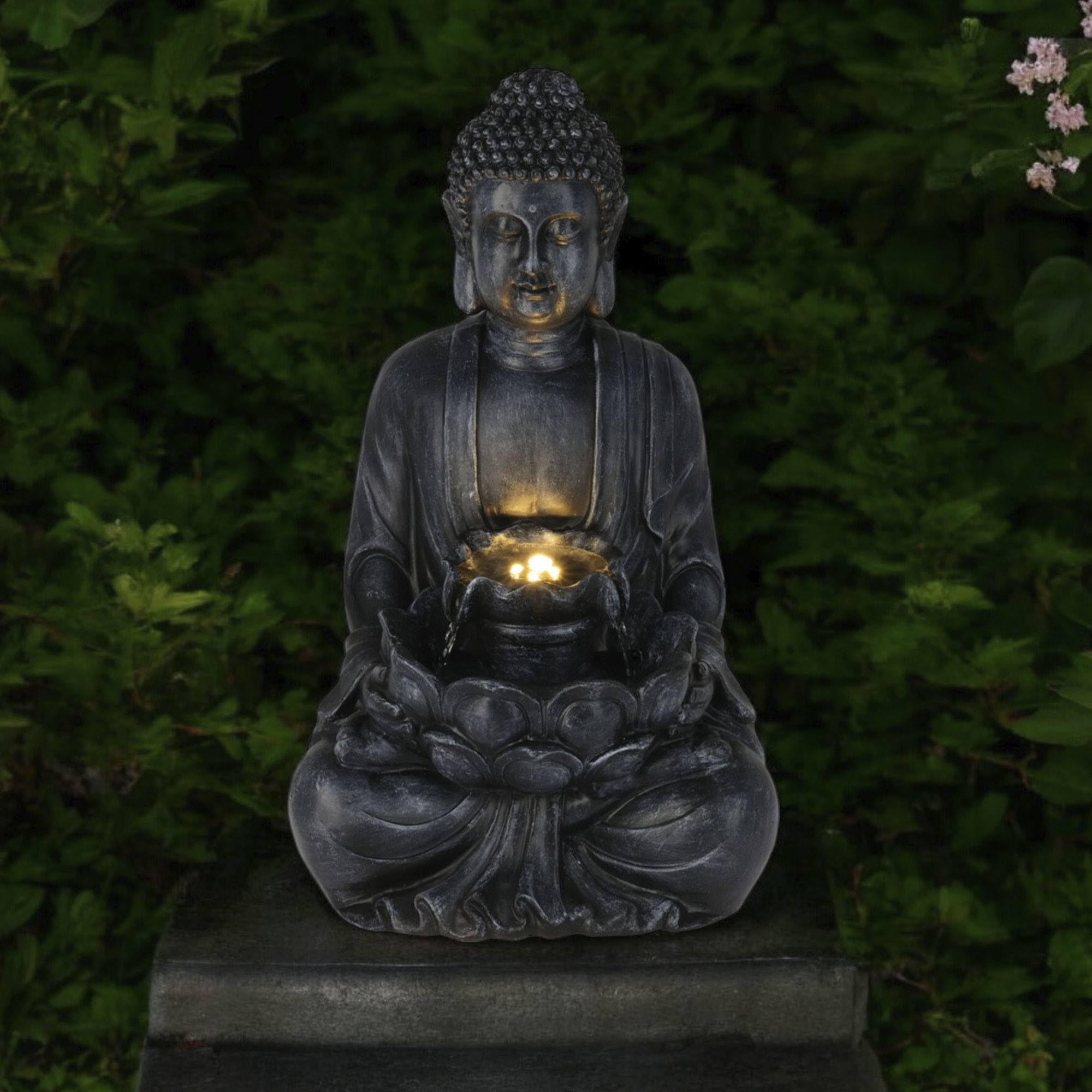 Well Home Fuente Buda en Color Negro con Luces LED para Espacio Exterior 28,5x24,5x48cm